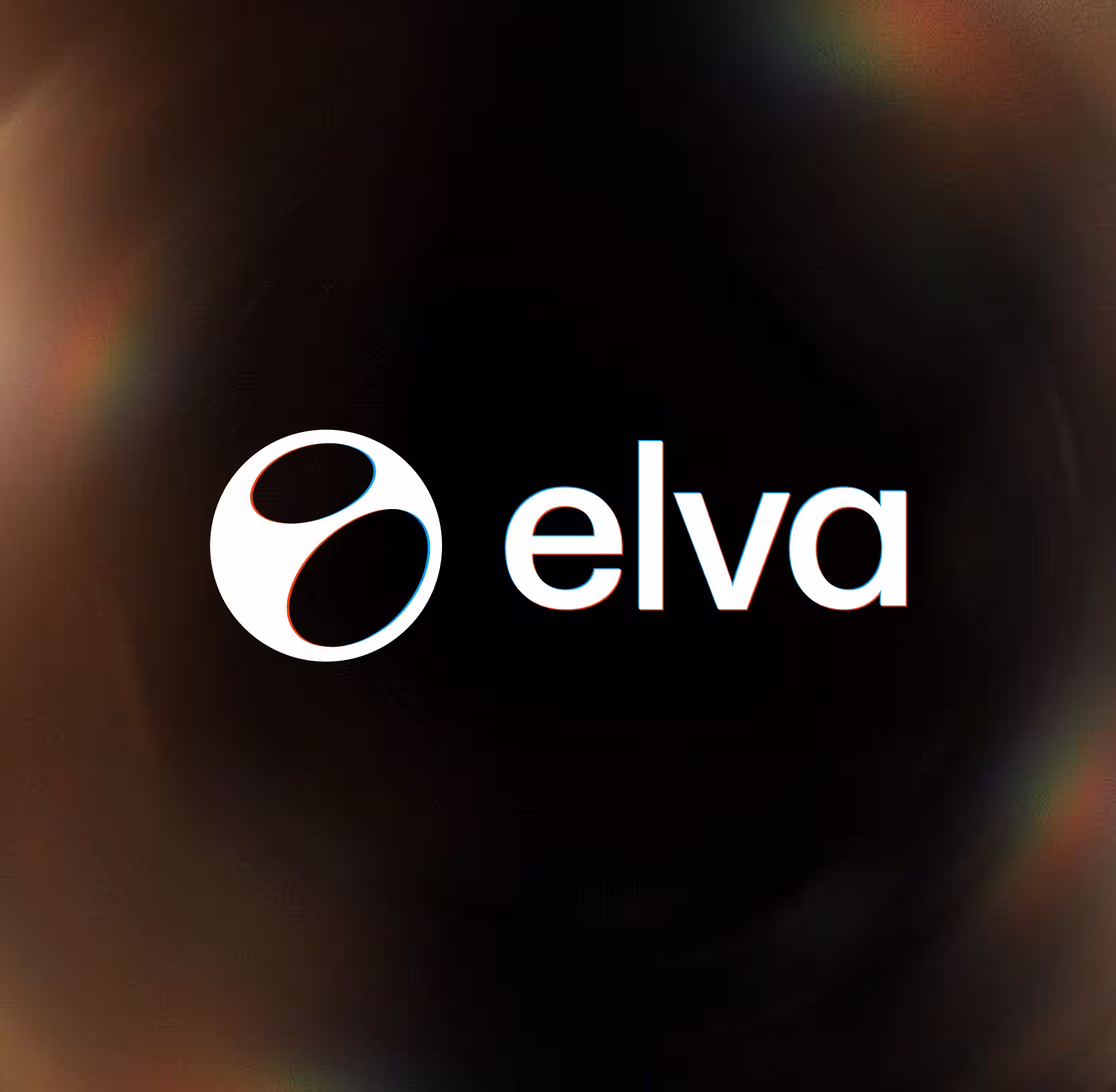 White elva logo with two ellipses inside a circle on a dark blurred background.