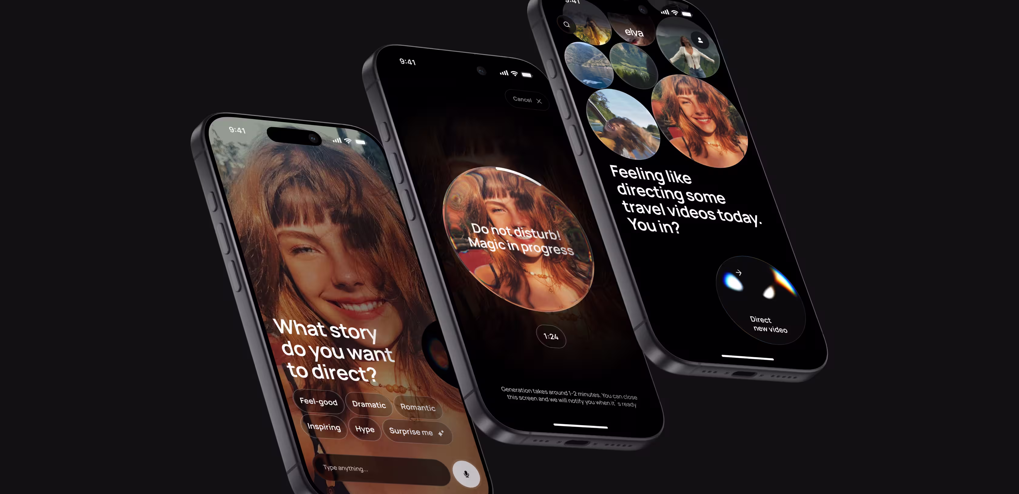 Three smartphones showing a video directing app with options and a smiling woman's face.