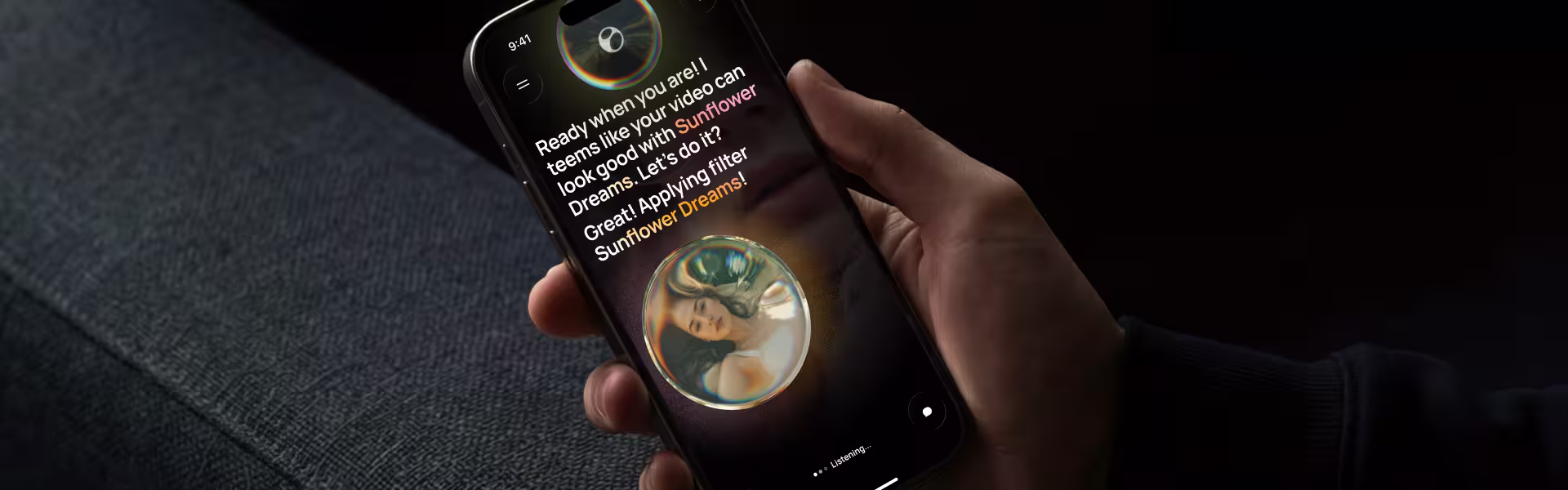 Hand holding a smartphone displaying a photo editing app applying a 'Sunflower Dreams' filter to a portrait of a woman.