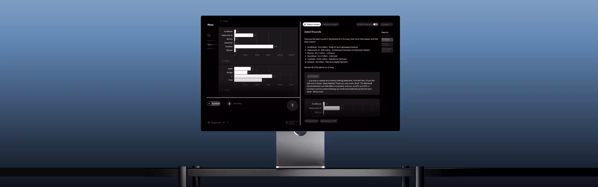 Computer screen on a desk showing a dark-themed interface with bar charts and text in a data analysis or dashboard application.