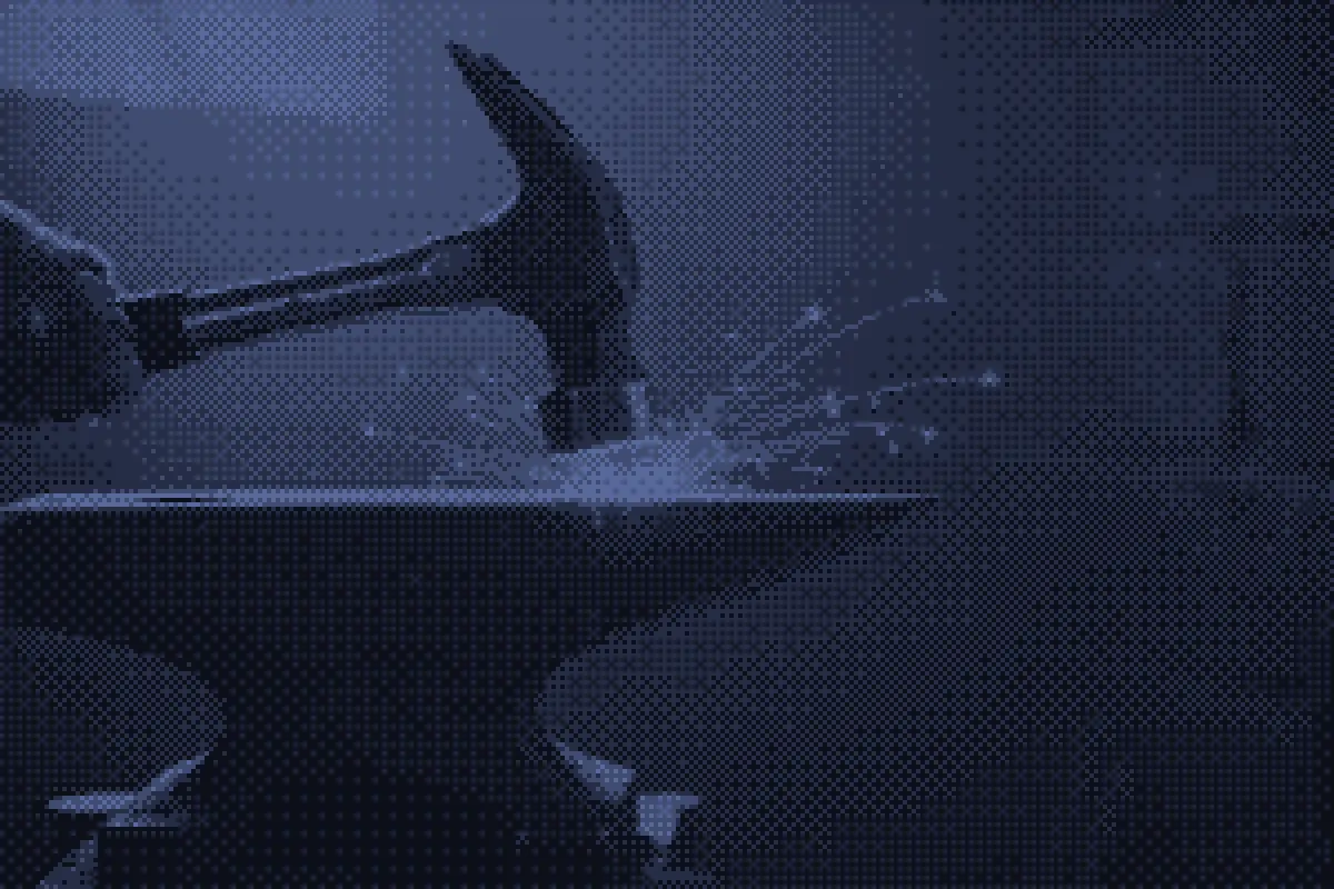 Close-up of a hammer striking an anvil with sparks flying from the impact, set in a dimly lit workshop.