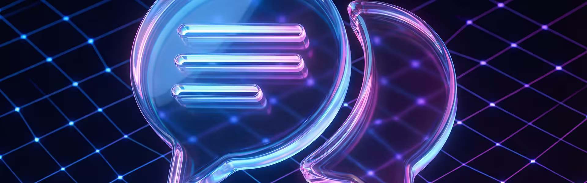 Two translucent speech bubbles with neon blue and purple lighting on a dark grid background.