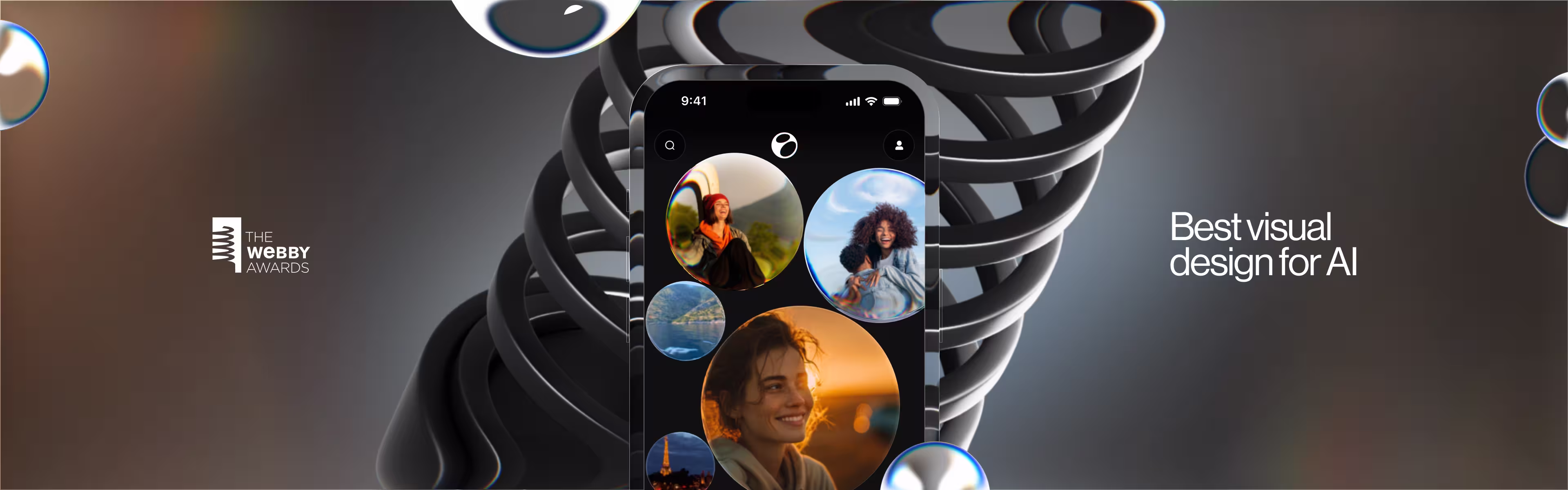 A smartphone screen showing circular images of people, set against a dark spiral abstract background, with text reading 'Best visual design for AI' and The Webby Awards logo.