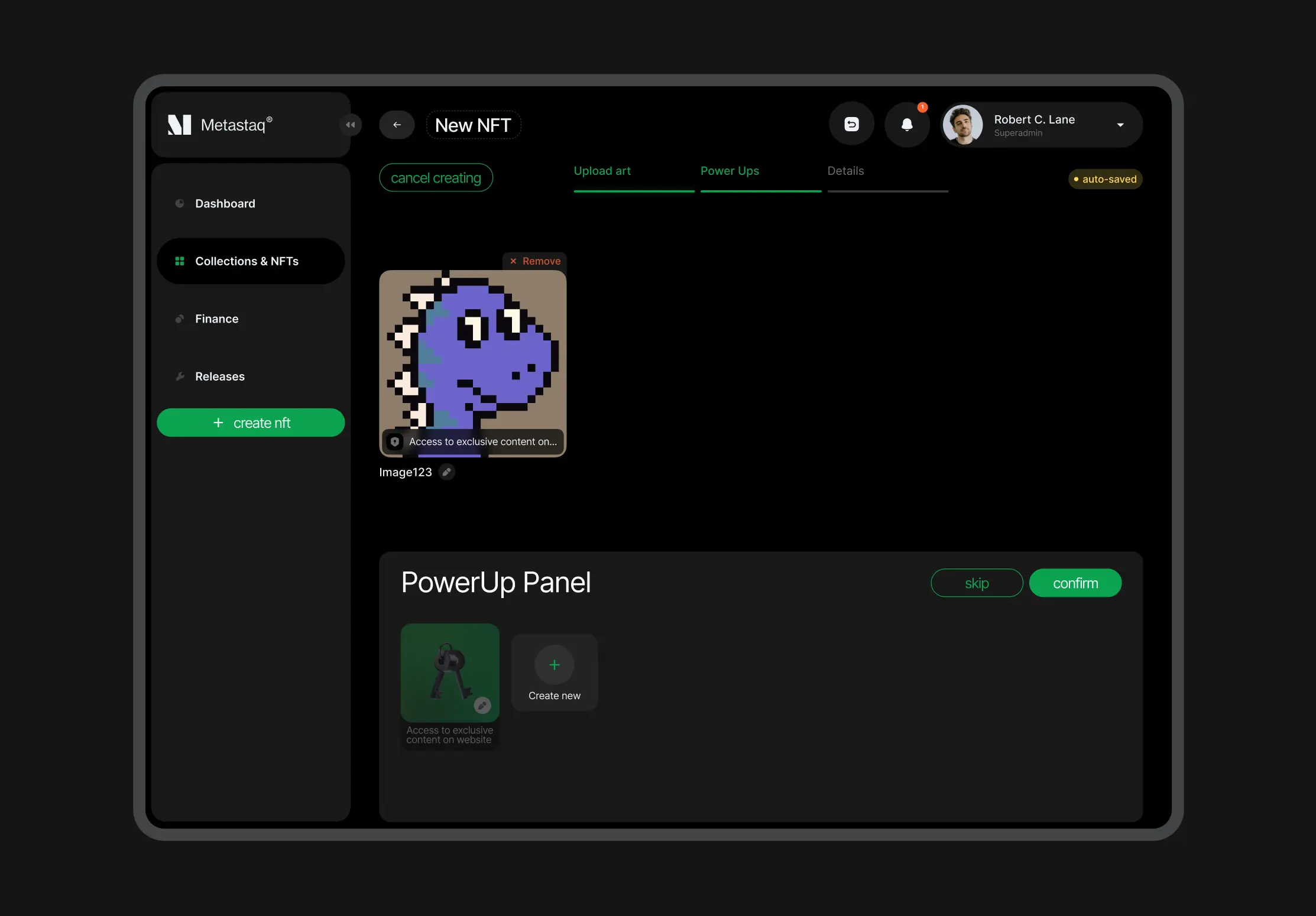 Screenshot of the product dashboard displaying the PowerUp panel 
