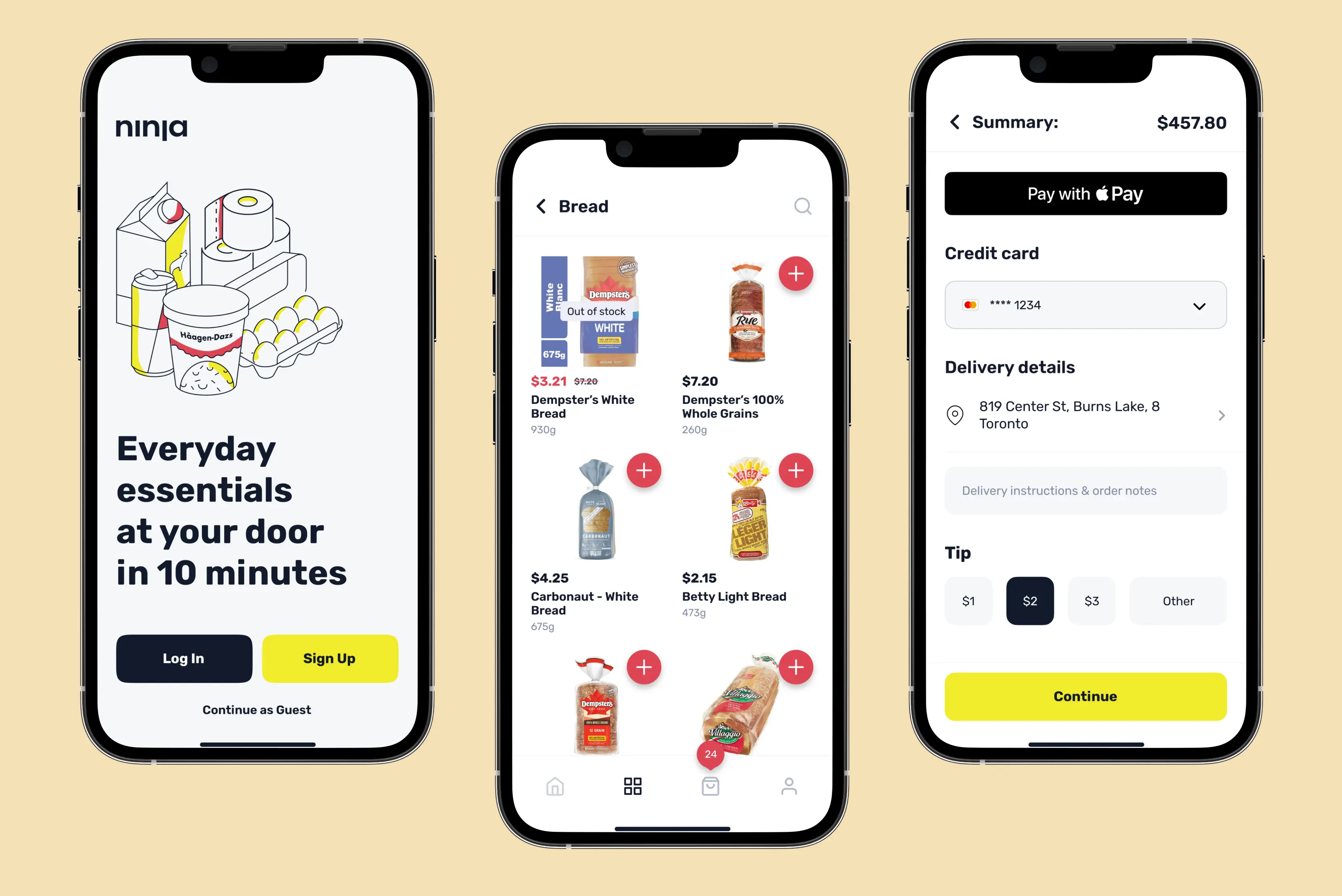 Three smartphone screens displaying the Ninja Delivery app's user interface