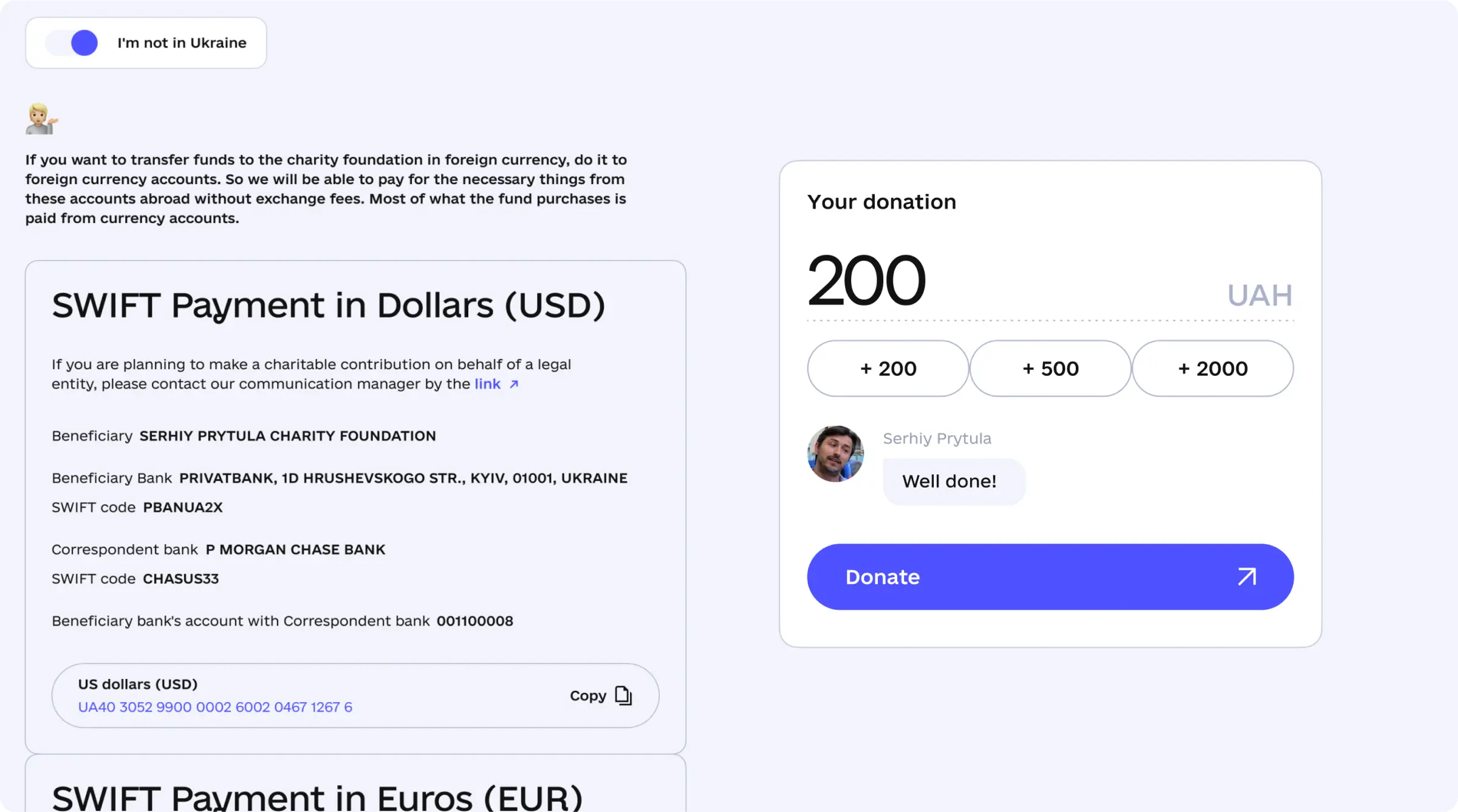 A screenshot demonstrating the website's interactive donation payment widget