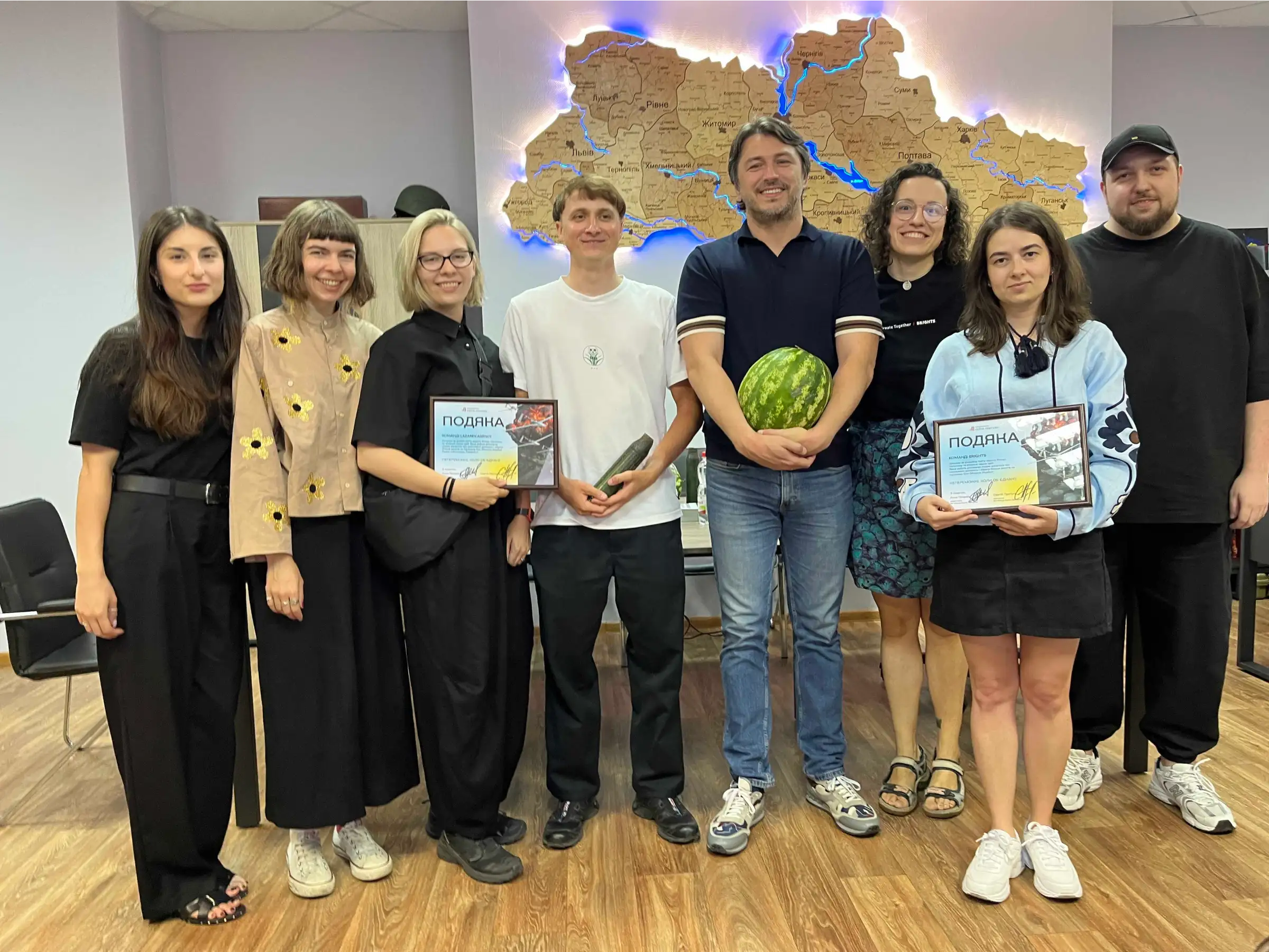 A group photo of the Lazarev. design team, the Brights development team, and Serhiy Prytula
