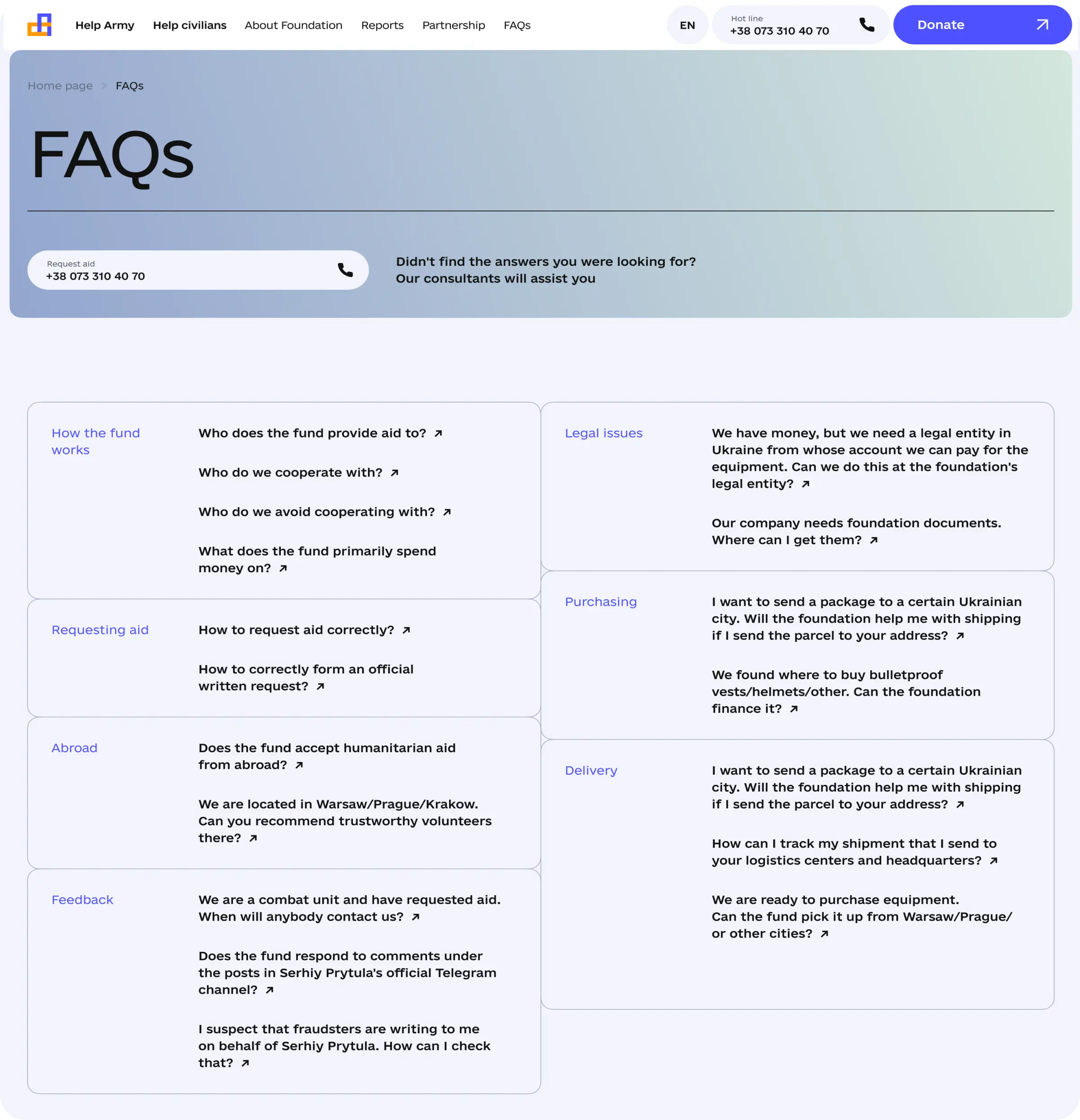 Screenshot of the FAQs section on the charity foundation's website
