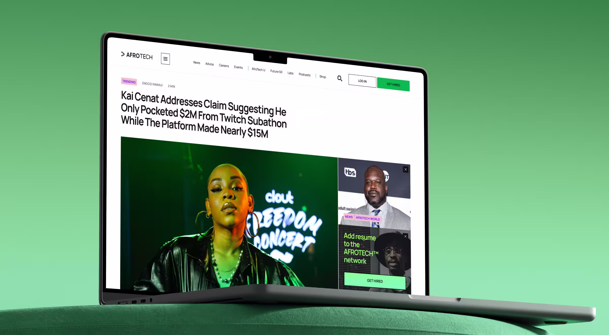 Online news article displayed on a laptop screen, featuring a media website layout with a headline, navigation menu, sidebar content, and a featured image of a performer, illustrating editorial web design and content-focused UX for digital publishing platforms