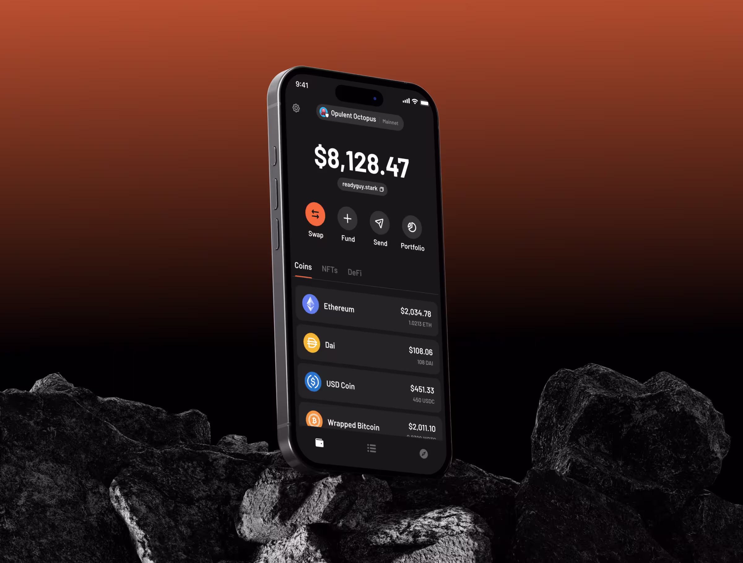 A smartphone displaying the Argent crypto wallet app interface with a dark theme. The screen shows a total balance of $8,128.47 and features for swapping, funding, sending, and viewing a portfolio of coins including Ethereum, Dai, and USD Coin.