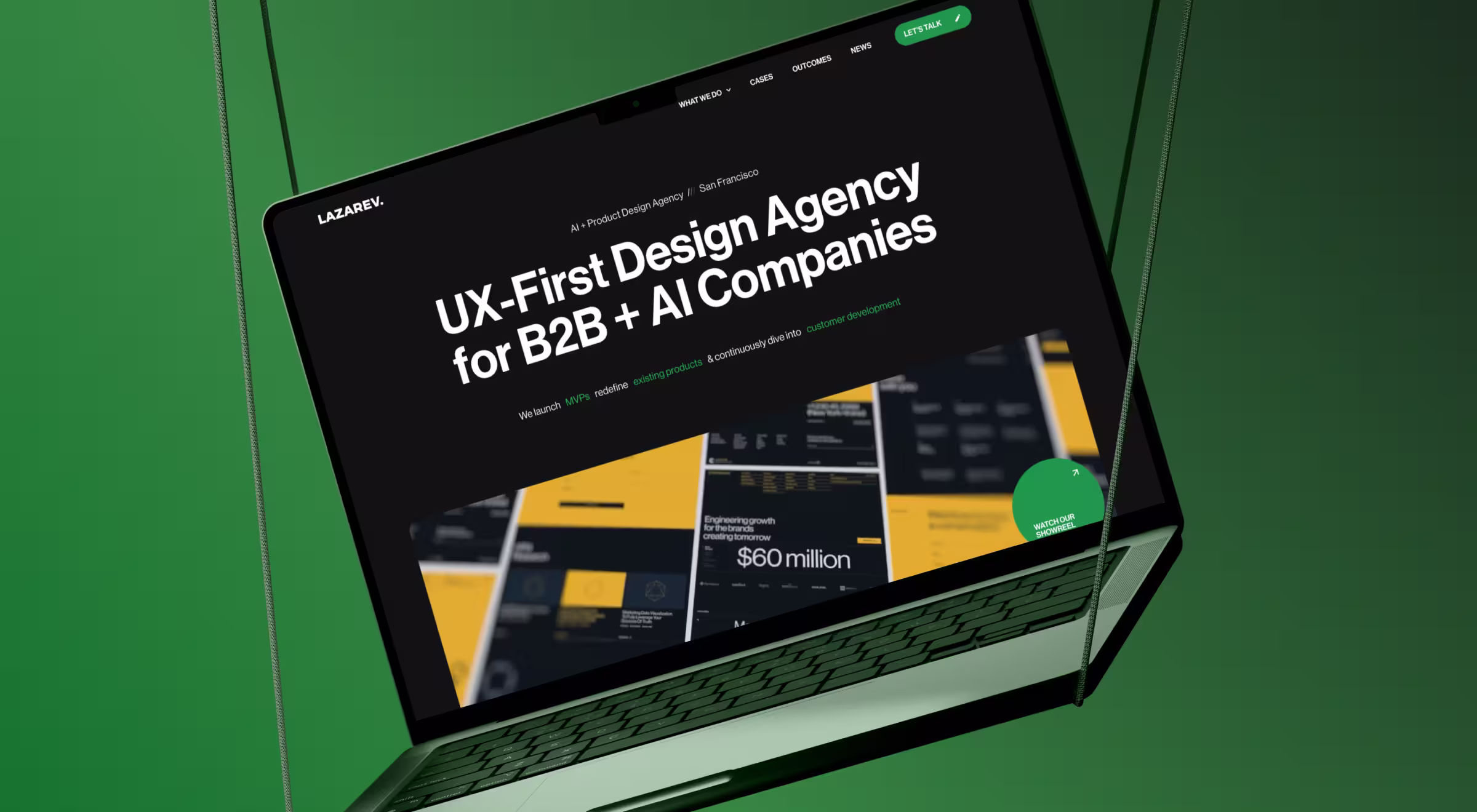 Open laptop suspended by green cords against a green background, displaying the Lazarev.agency website with the headline “UX-First Design Agency for B2B + AI Companies” in bold white text on a black background, alongside blurred previews of design project visuals in yellow and black.