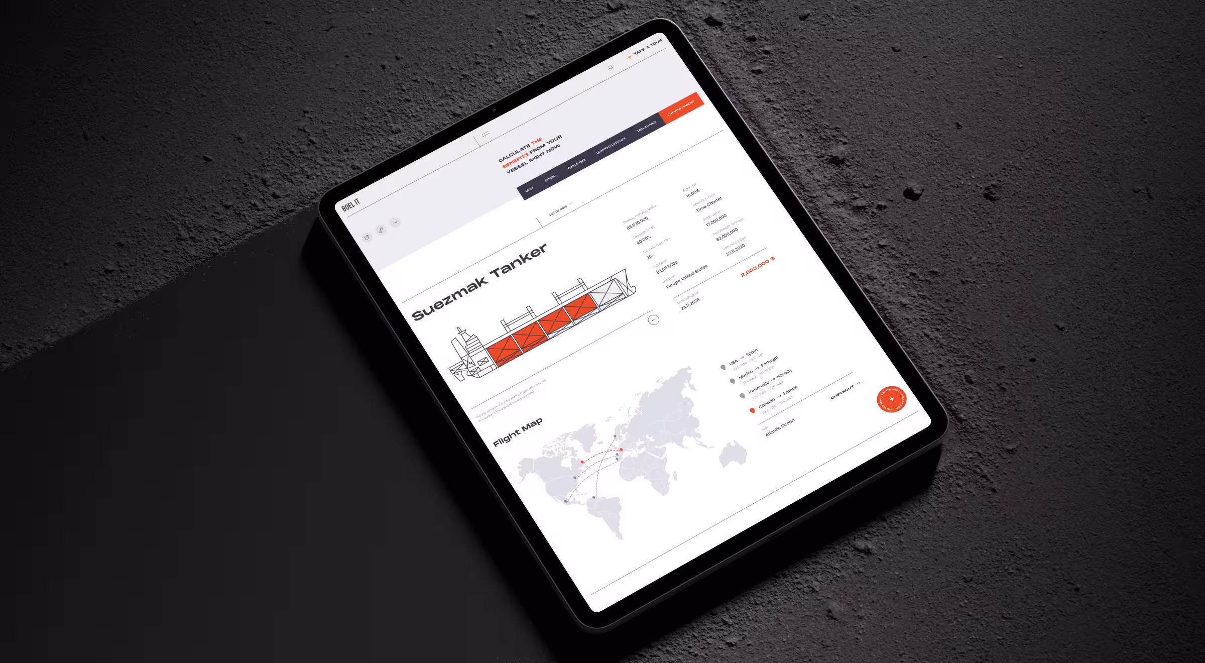 Tablet device displaying a modern maritime dashboard interface on a textured black surface. The screen shows detailed financial and operational data for a Suezmak Tanker, including a technical ship illustration with highlighted cargo sections, financial figures on the right, and a world map below titled “Flight Map” indicating global shipping routes. The interface features a clean white layout with black and orange accents, navigation tabs at the top, and a circular action button in the bottom-right corner. The design emphasizes clarity, usability, and data visualization for maritime operations.