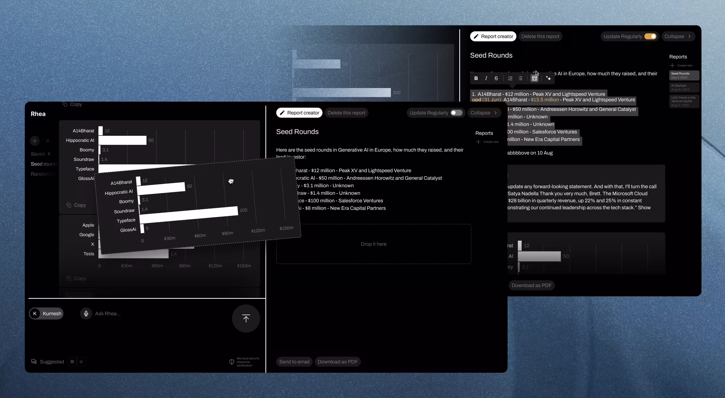 AI-powered research platform Rhea interface showing seed funding reports, data visualization, and generative AI analysis dashboard