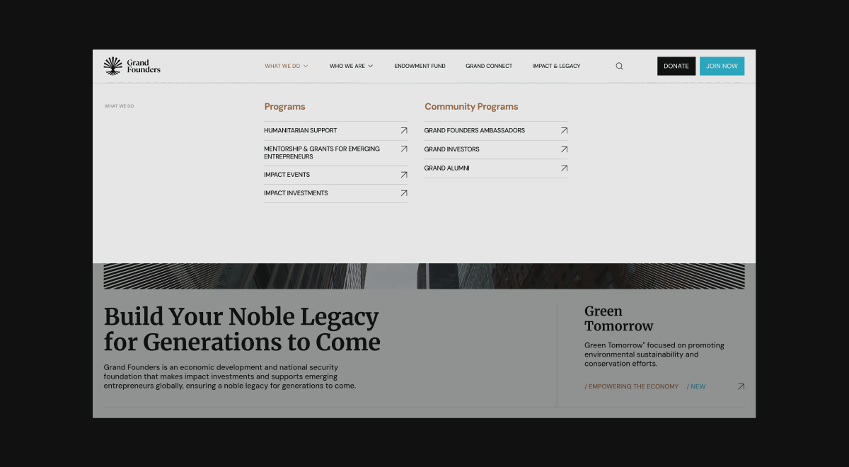 grand founders website navigation