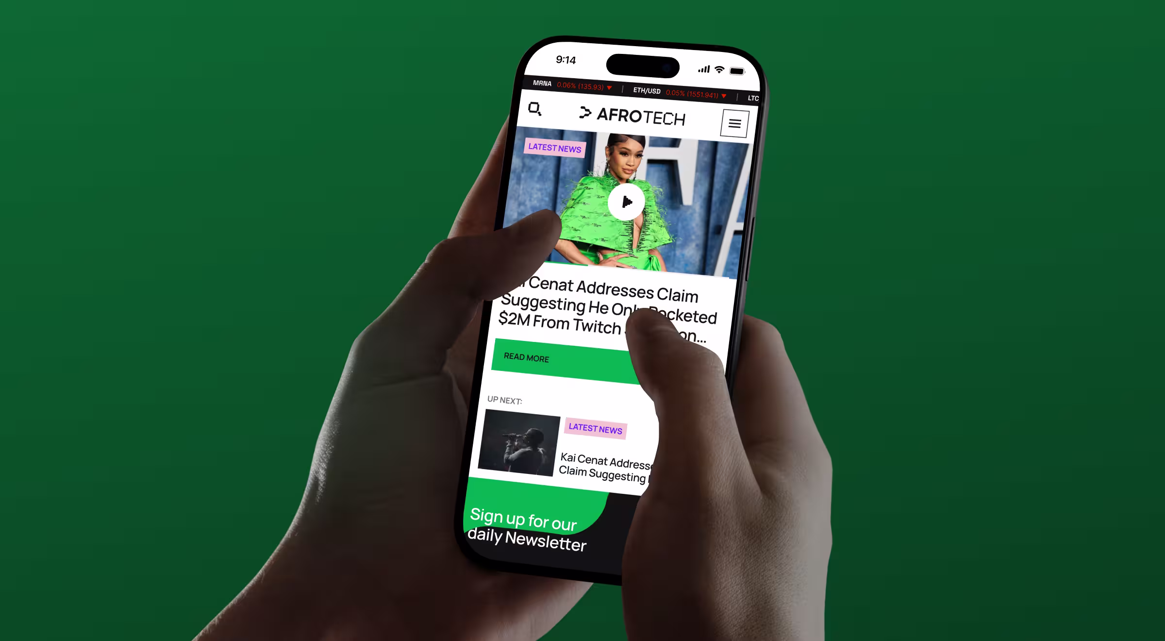User holding smartphone with AFROTECH mobile news app open, displaying latest articles and newsletter signup