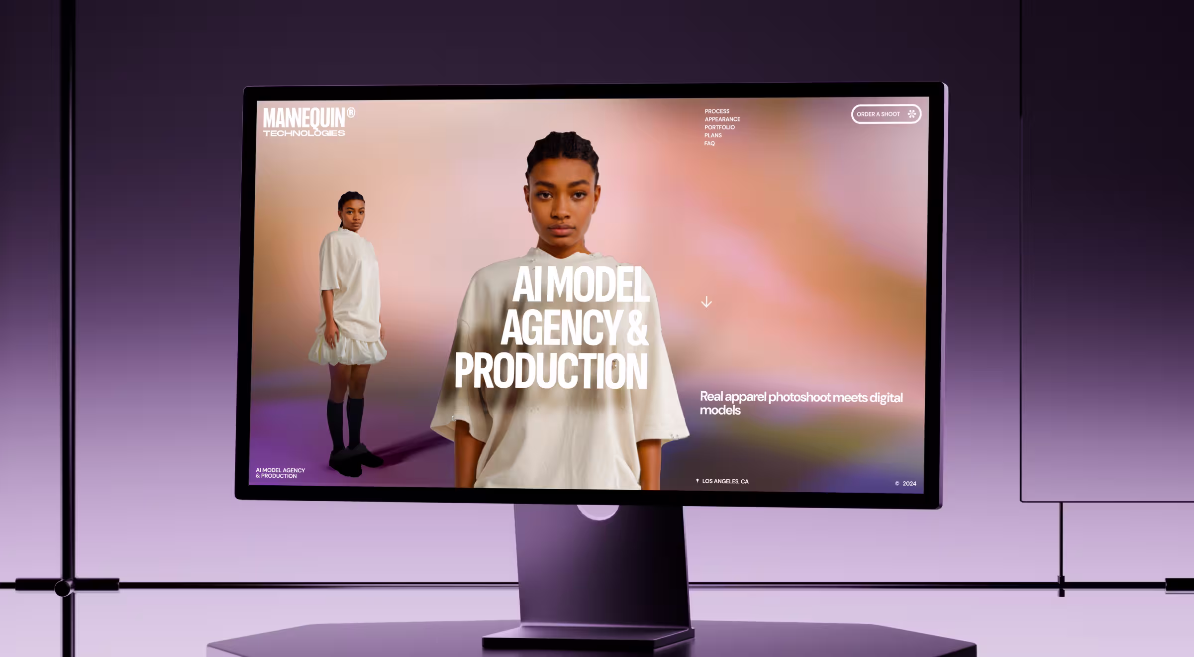 Desktop monitor showing Mannequin Technologies website — AI model agency and production platform with modern fashion web design