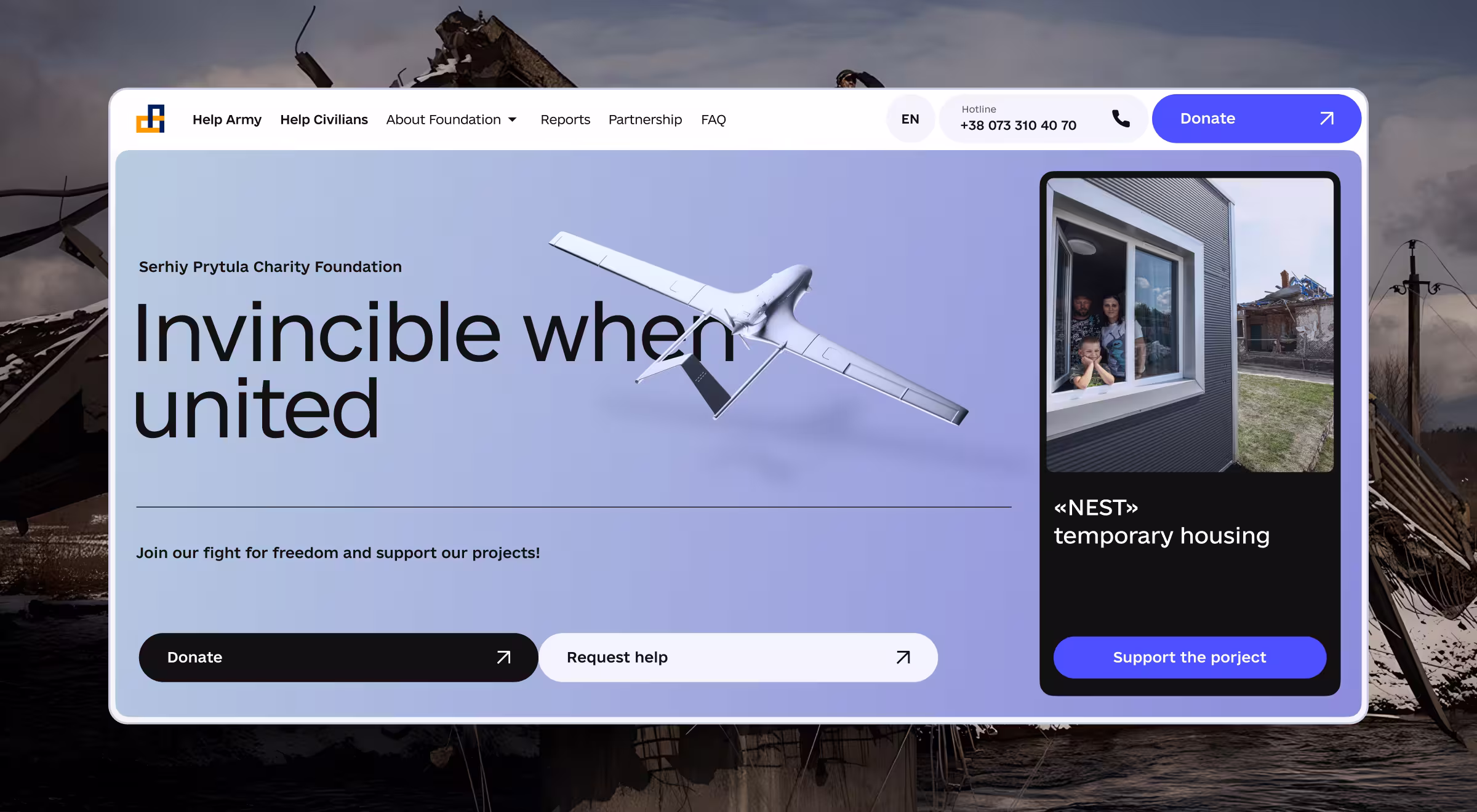 Serhiy Prytula Charity Foundation homepage with slogan 'Invincible when united' and donation options.