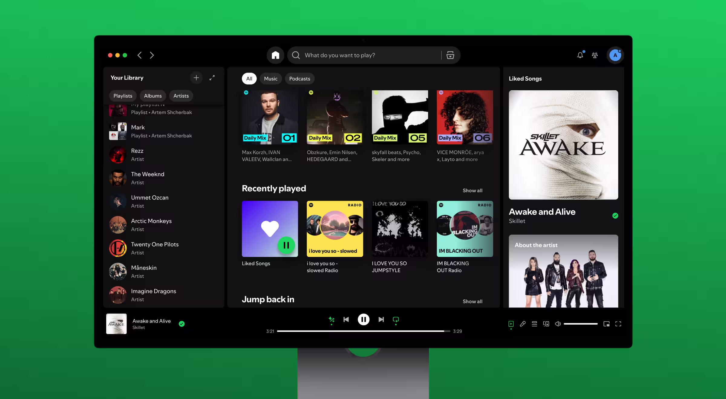 Screenshot of the Spotify desktop app interface displayed on a computer monitor with a green background. The screen shows the user's music library on the left, including playlists and favorite artists like Arctic Monkeys and The Weeknd. In the center, there are personalized Daily Mix playlists and recently played tracks, including “Liked Songs” and “I love you so - slowed.” On the right, the song “Awake and Alive” by Skillet is currently playing, with album artwork and artist information displayed. The bottom bar shows playback controls and a progress slider for the active track.