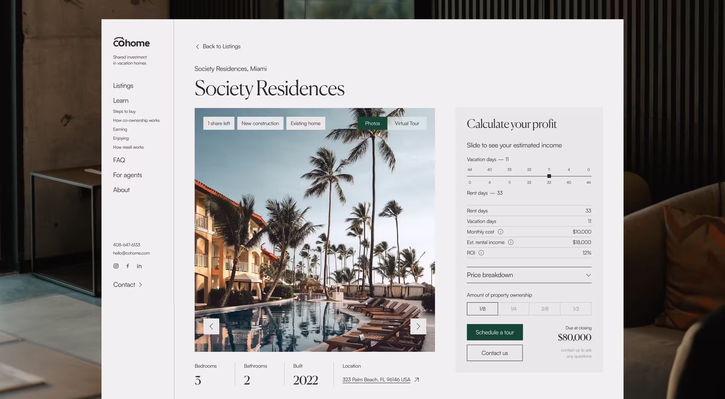 Real estate investment platform UI showing Society Residences Miami property listing with profit calculator, vacation rental ROI, and modern co-ownership design
