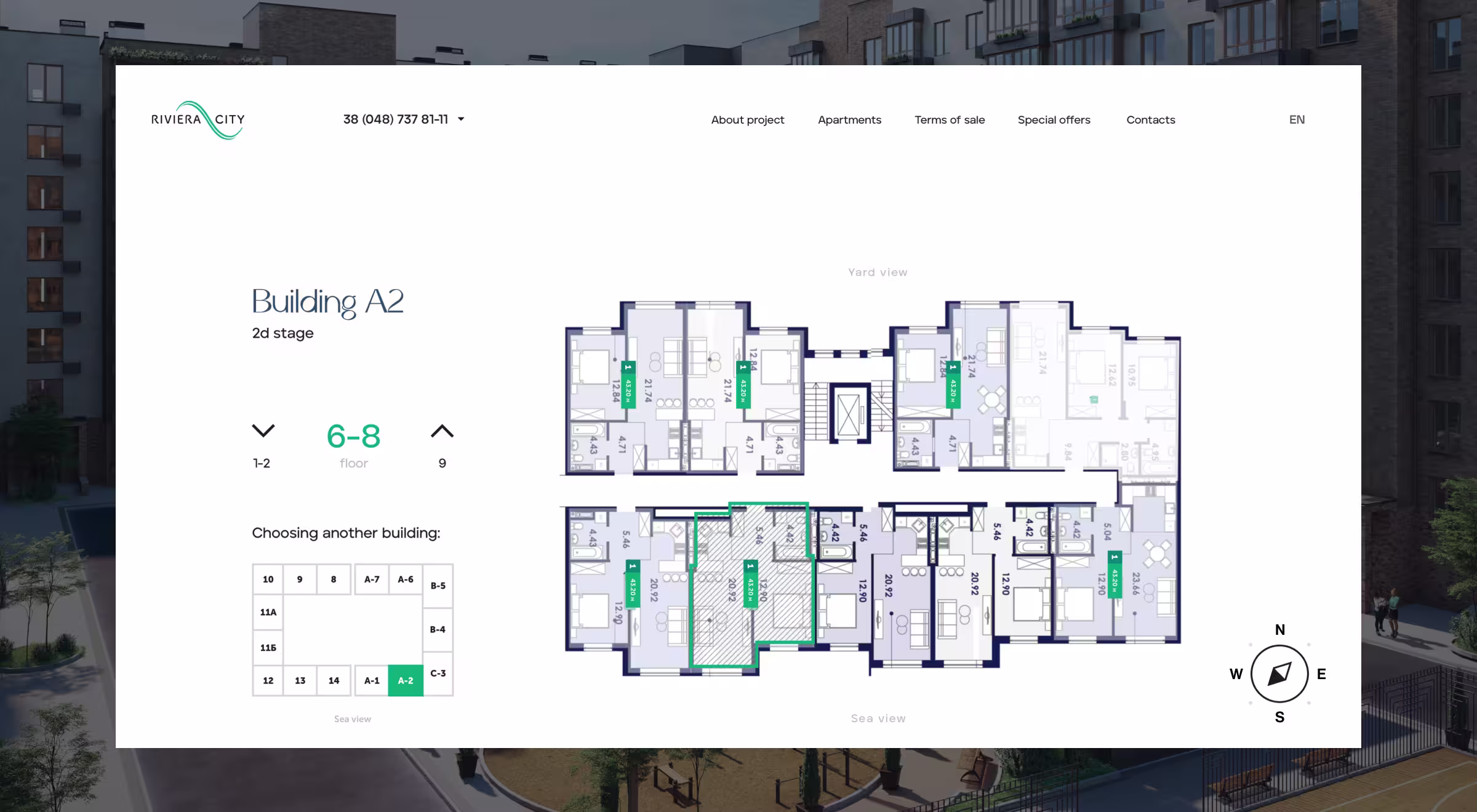 Real estate website interface showing Riviera City apartment building floor plan with interactive unit selection, navigation by floors, and property details