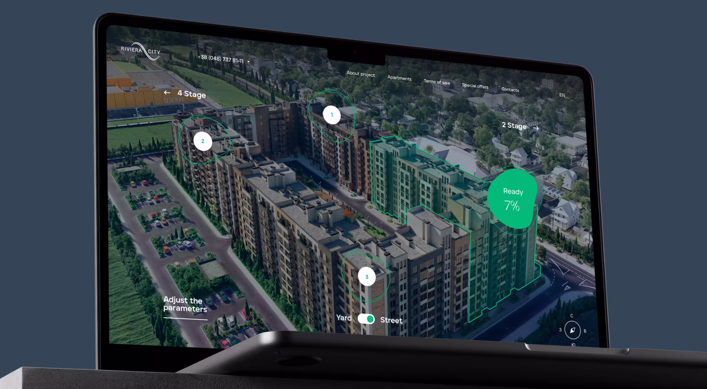 Interactive real estate platform UI on laptop showing 3D visualization of apartment buildings with construction progress tracker and unit selection