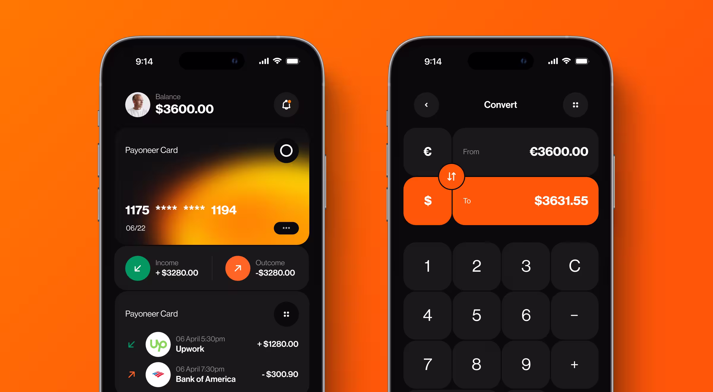 Two smartphones displaying a sleek dark-themed financial app interface with orange highlights. The left screen shows a digital wallet balance of $3600, recent transactions from Upwork and Bank of America, and a Payoneer card. The right screen displays a currency converter, converting €3600.00 to $3631.55 with a numeric keypad.