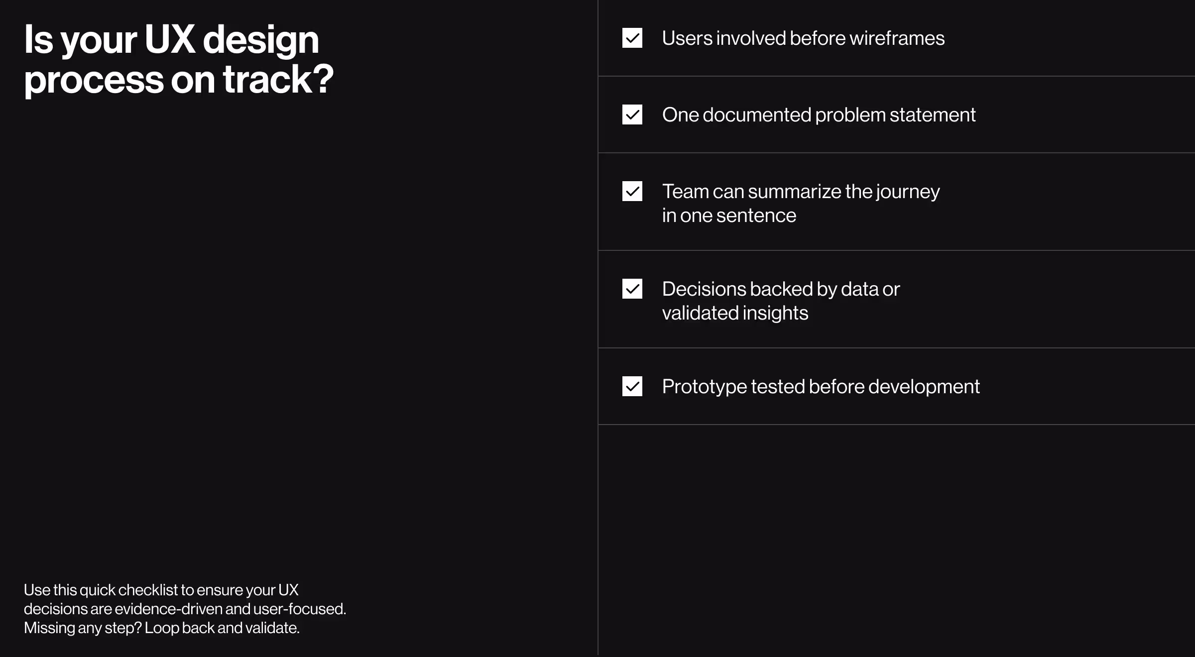 Checklist graphic titled 'Is your UX design process on track?' with five checkpoints: users involved before wireframes, one documented problem statement, team can summarize the journey in one sentence, decisions backed by data or validated insights, and prototype tested before development