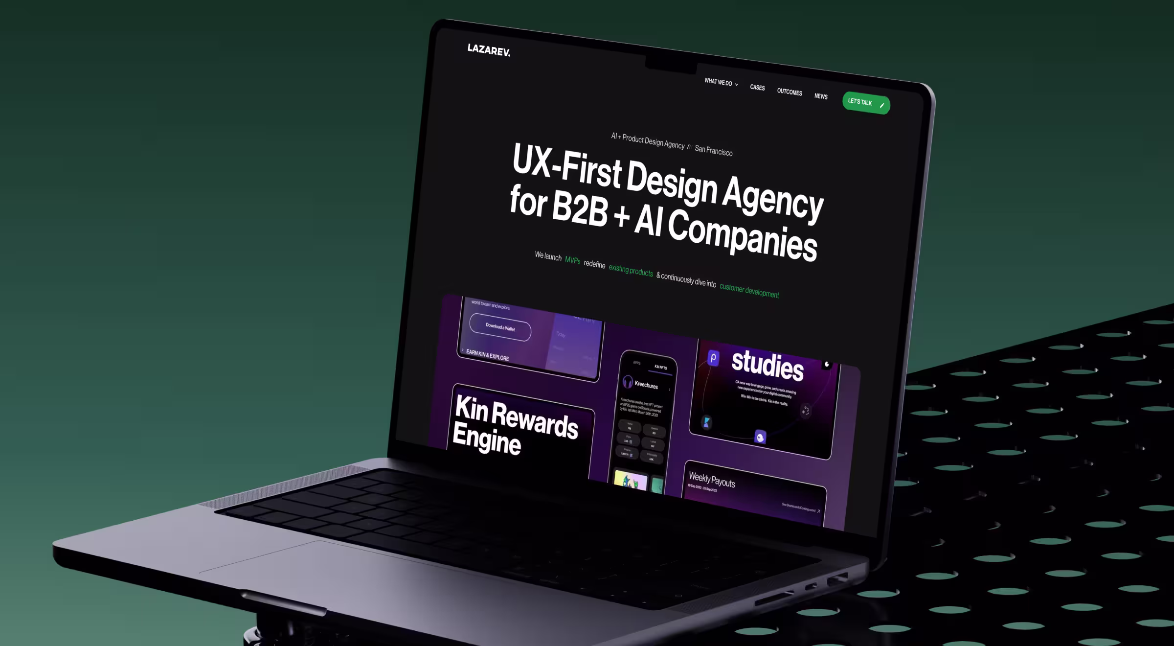 Laptop screen showing Lazarev.agency website — UX-first design agency in San Francisco specializing in B2B and AI product design for startups and enterprises