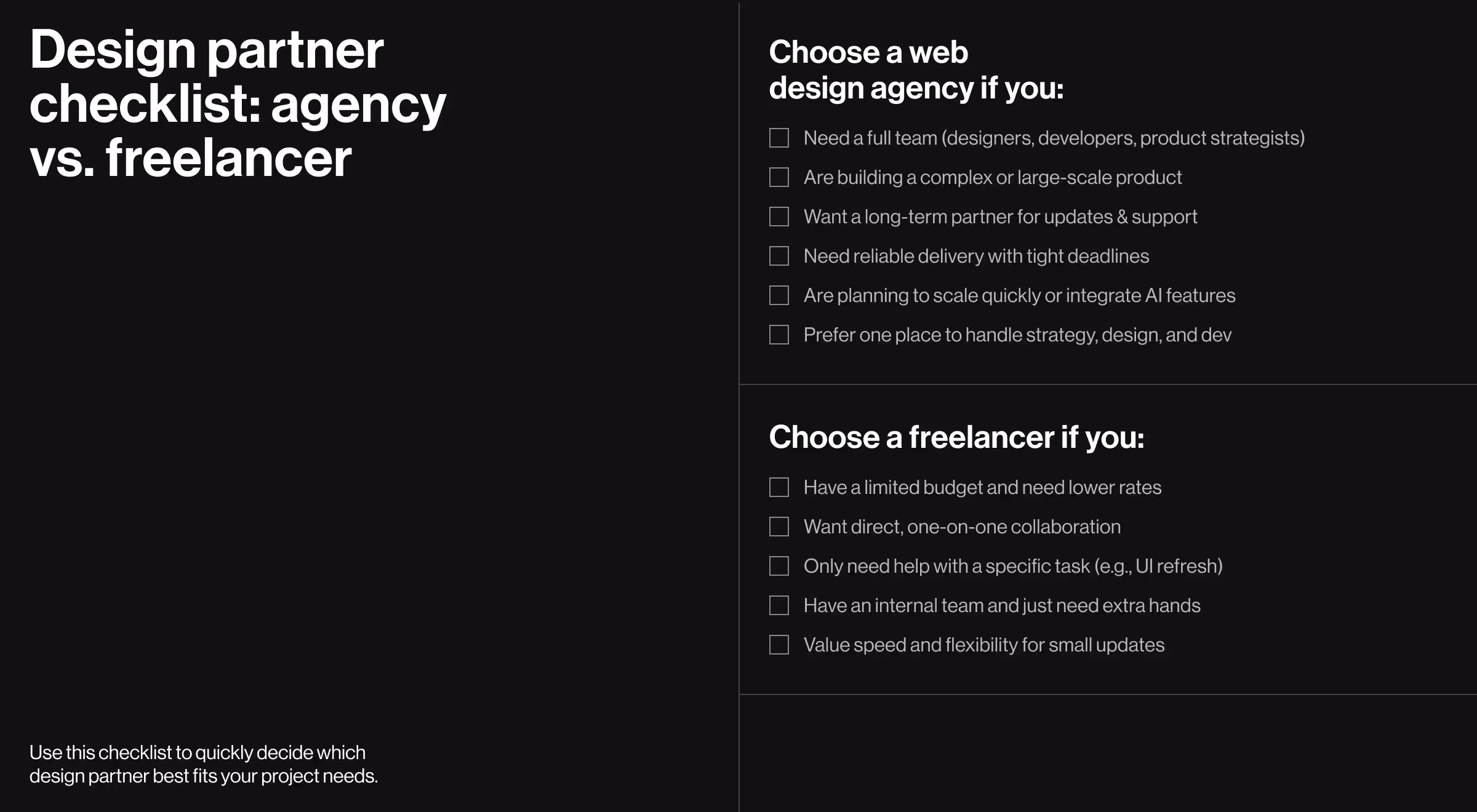 Comparison checklist graphic showing when to hire a web design agency vs. freelancer, highlighting factors like complex product builds, AI integration, long-term support, budget limits, and one-on-one collaboration