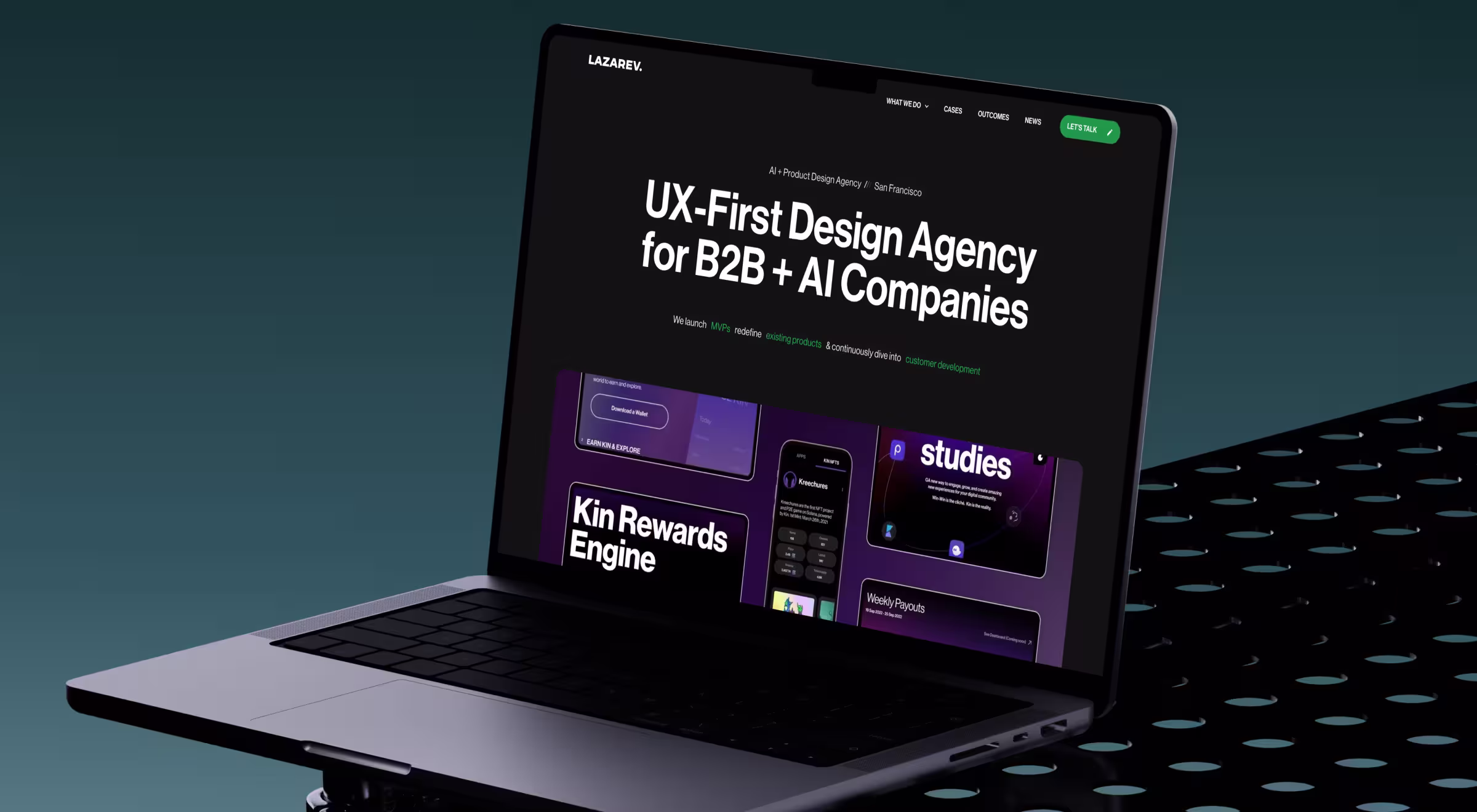 Lazarev.agency website on laptop highlighting UX design for B2B and AI companies