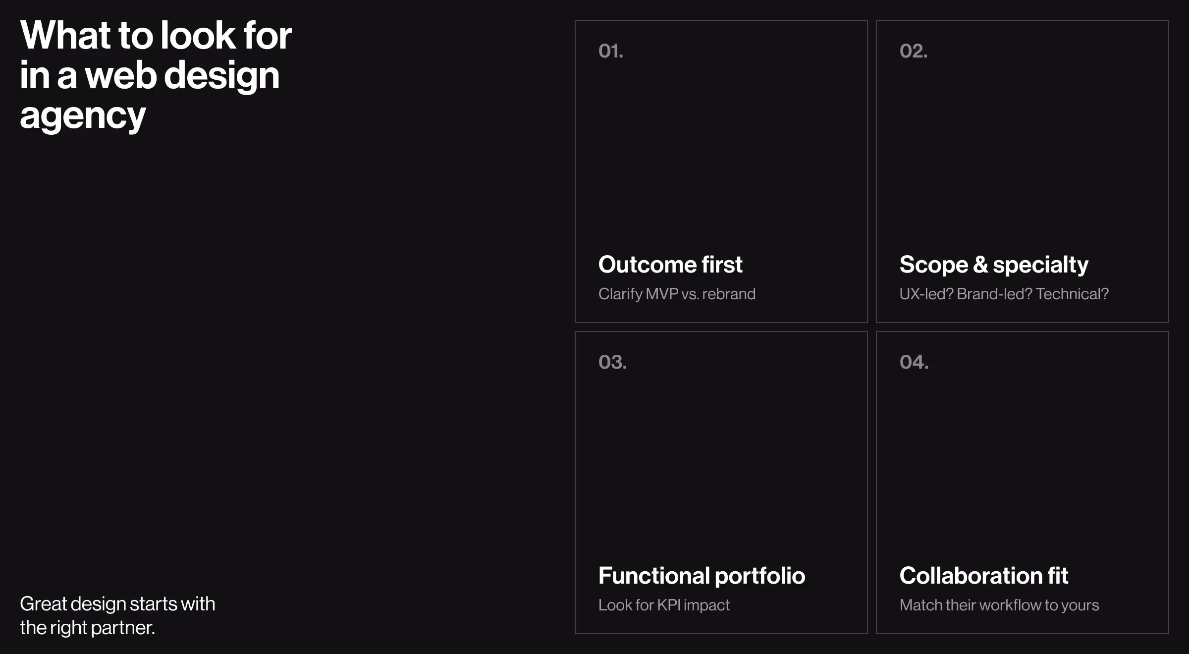Infographic on what to look for in a web design agency, highlighting outcome-first approach, scope and specialty, functional portfolio, and collaboration fit