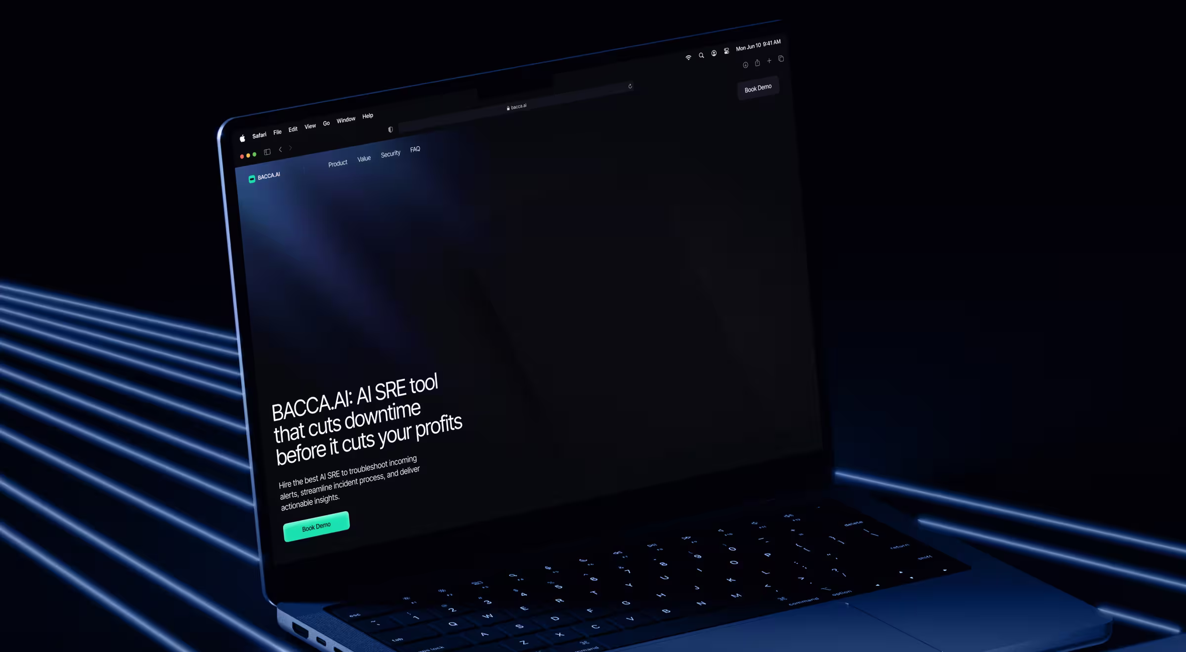Laptop displaying a dark-themed AI infrastructure monitoring platform, with neon blue light trails in the background, representing automated incident detection, system reliability engineering, and proactive downtime prevention for enterprise operations.
