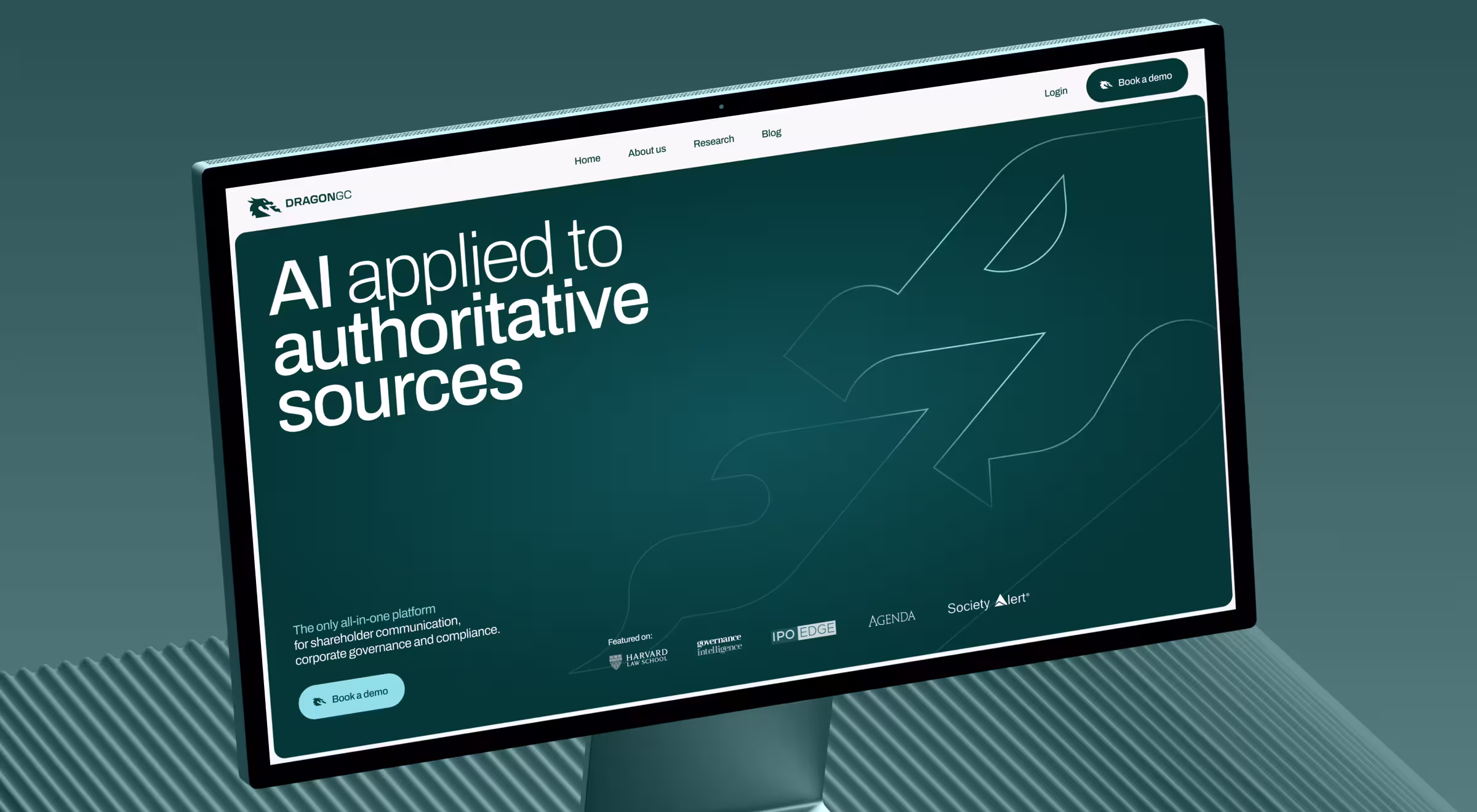Desktop monitor displaying DragonGC’s AI-powered governance and compliance platform. The interface emphasizes authoritative data sources, shareholder communications, corporate governance workflows, and regulatory compliance through a clean enterprise-focused web experience.