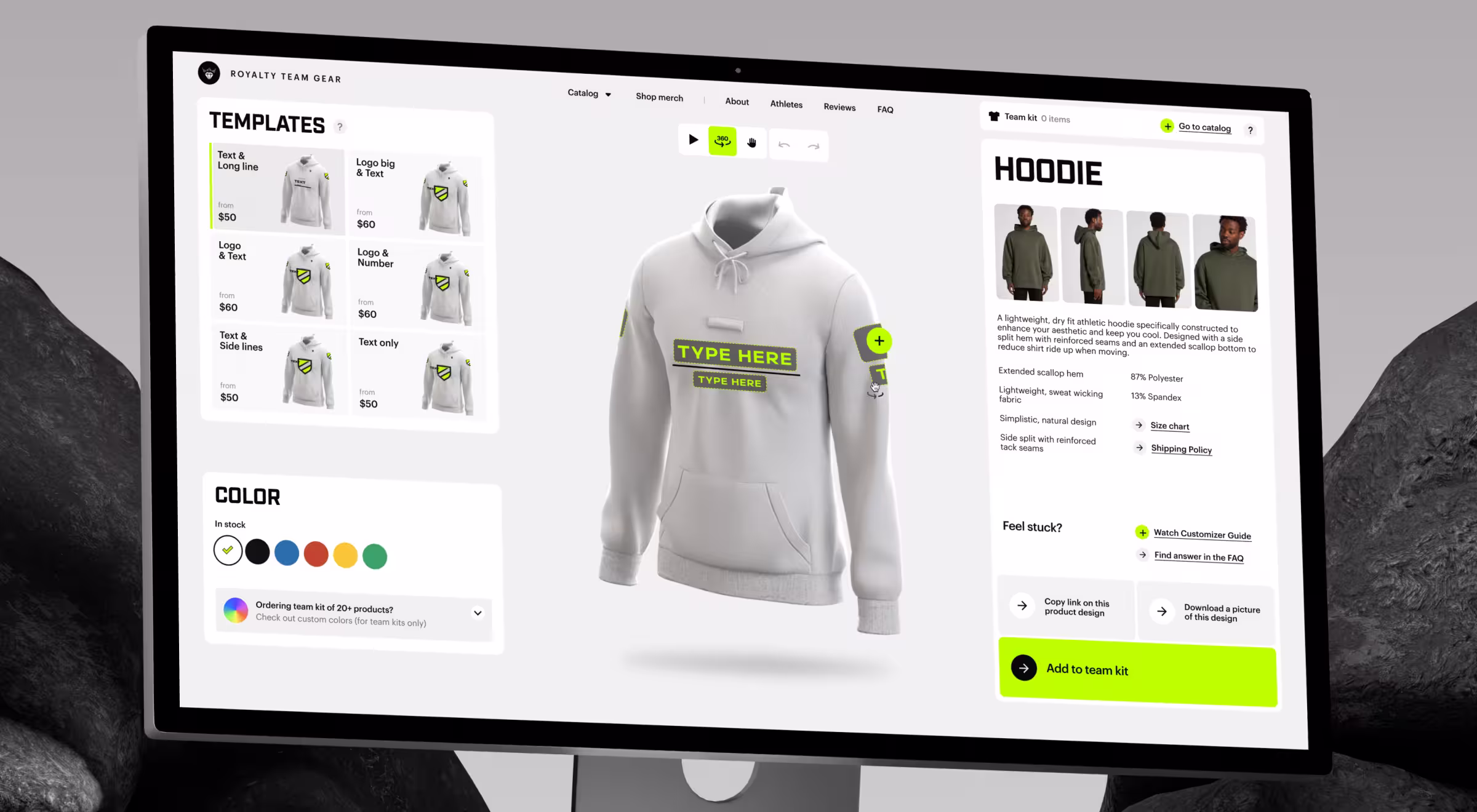 Desktop ecommerce customization interface displaying a hoodie product page with design templates, color selection tools, product details, and purchase options.