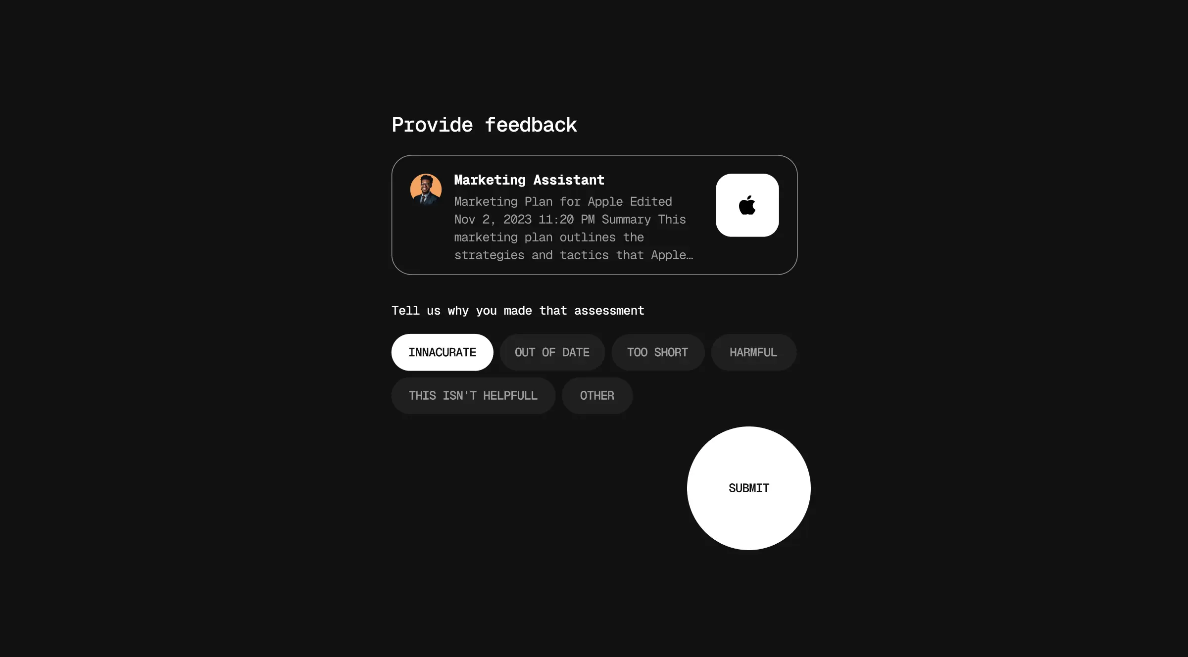 User feedback widget, AI interface