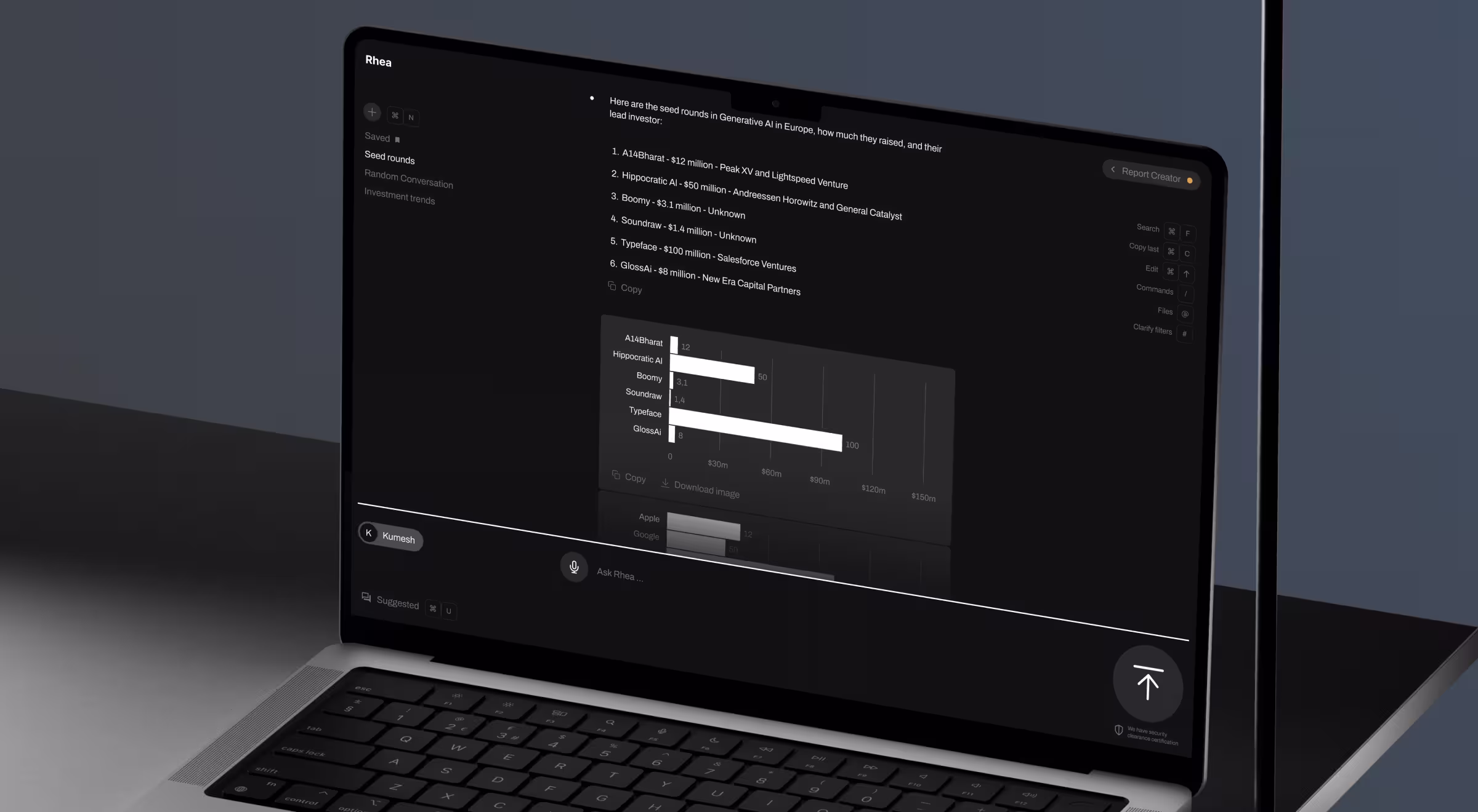 Laptop displaying Rhea AI report creator interface with seed-round investment data and bar chart visualization on a dark modern UI