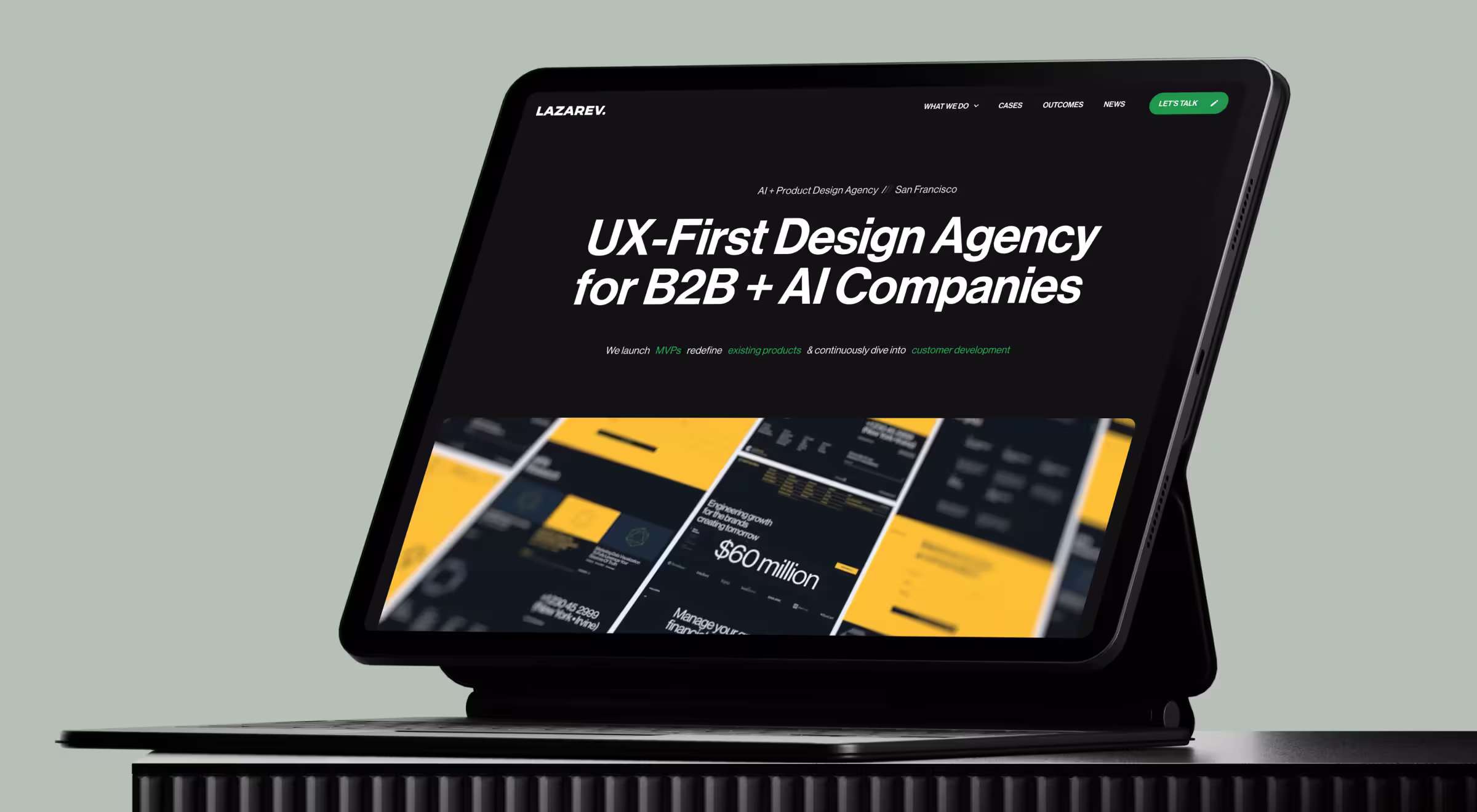 Tablet mockup displaying the Lazarev.agency homepage with the headline “UX-First Design Agency for B2B + AI Companies,” showcasing AI-focused product design, MVP development, and enterprise UX expertise in a clean, dark interface