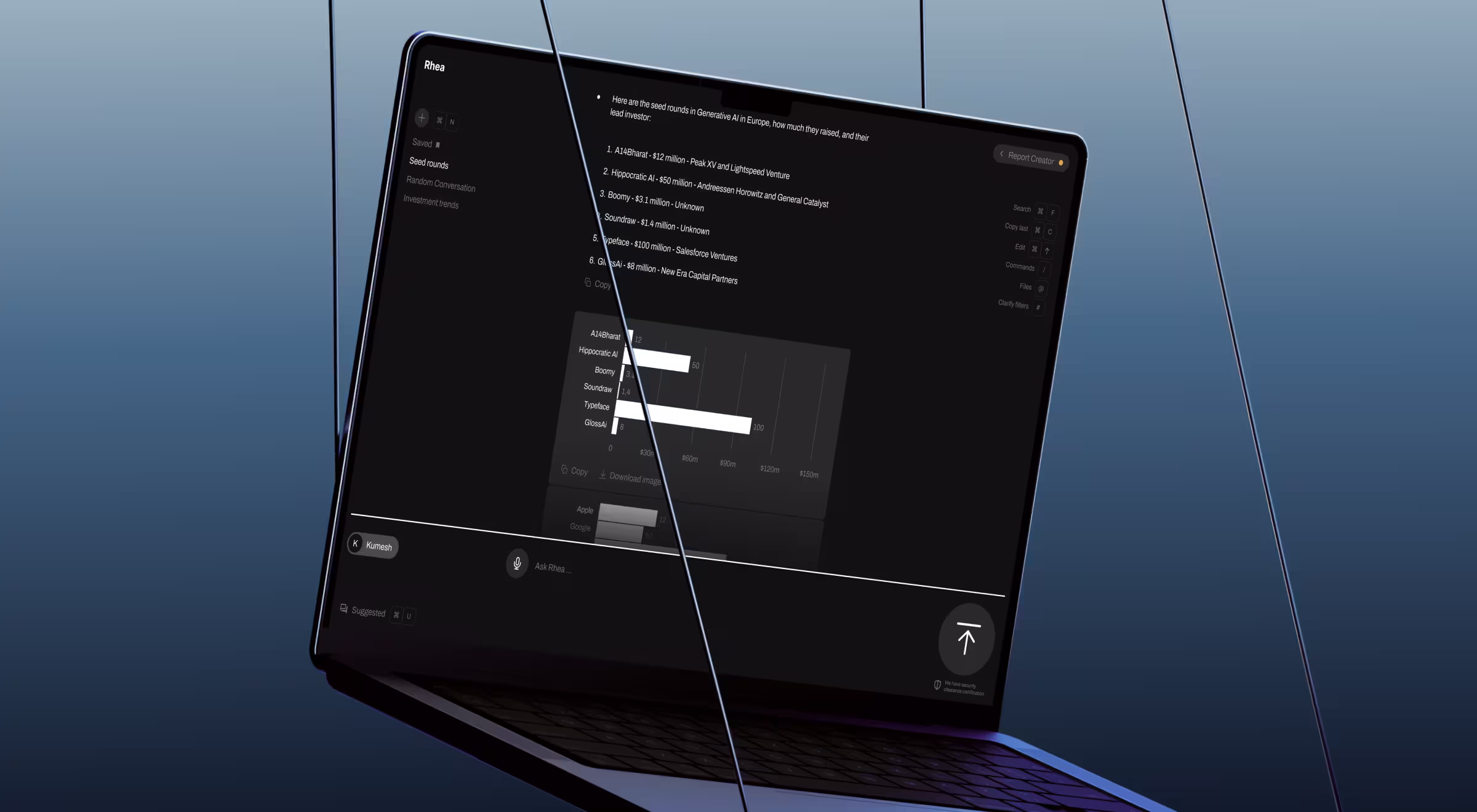 Laptop displaying the Rhea AI research platform with data visualizations and report builder features, illustrating advanced AI UX for financial analysis