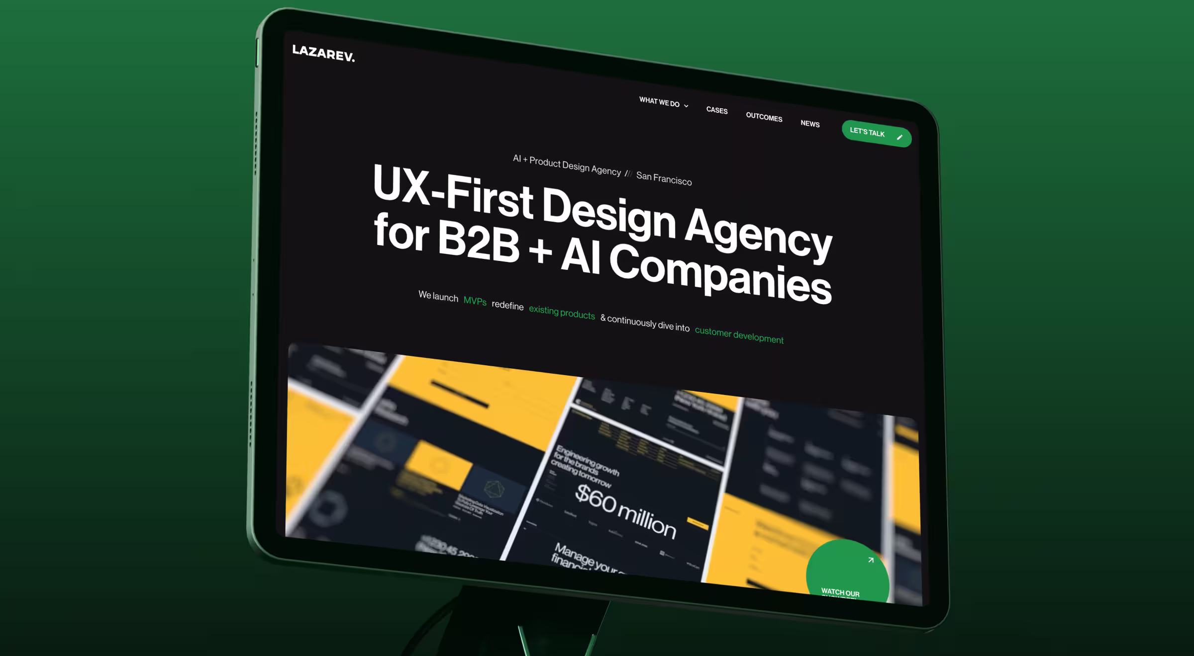 Lazarev.agency website showing UX-first design services for AI and B2B brands