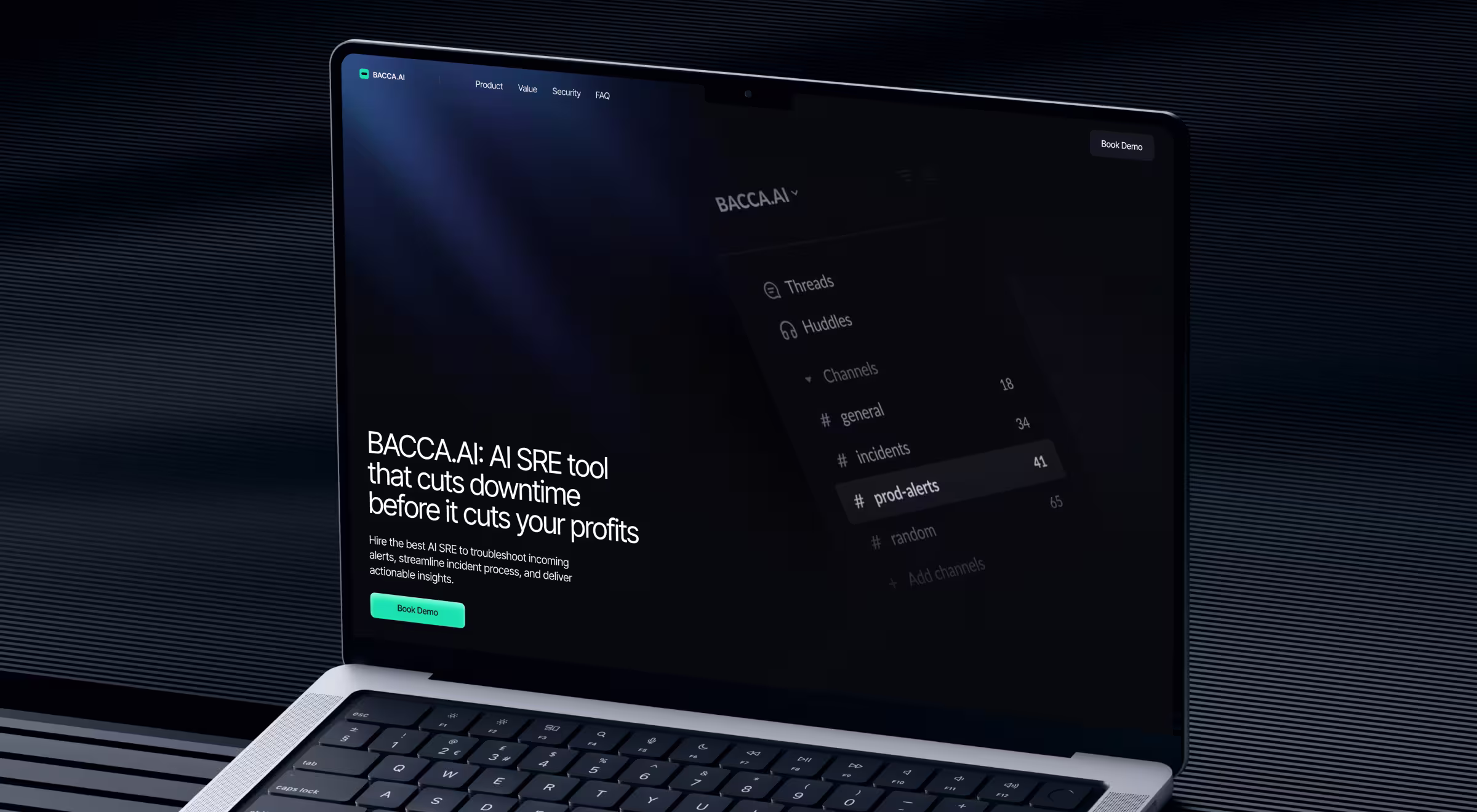 Laptop screen showing BACCA.AI’s homepage, highlighting its AI SRE platform designed to reduce downtime with automated alerts and incident insights
