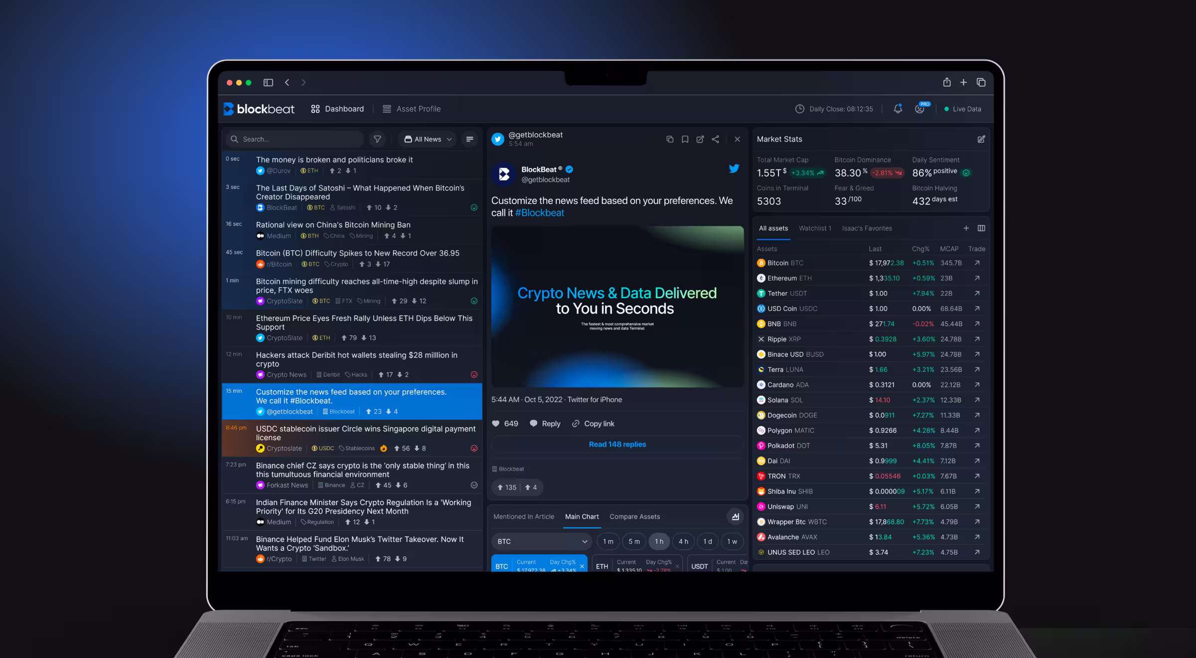 Laptop screen displaying a crypto news and data platform. The interface shows news headlines, data charts, and market stats, against a dark theme.