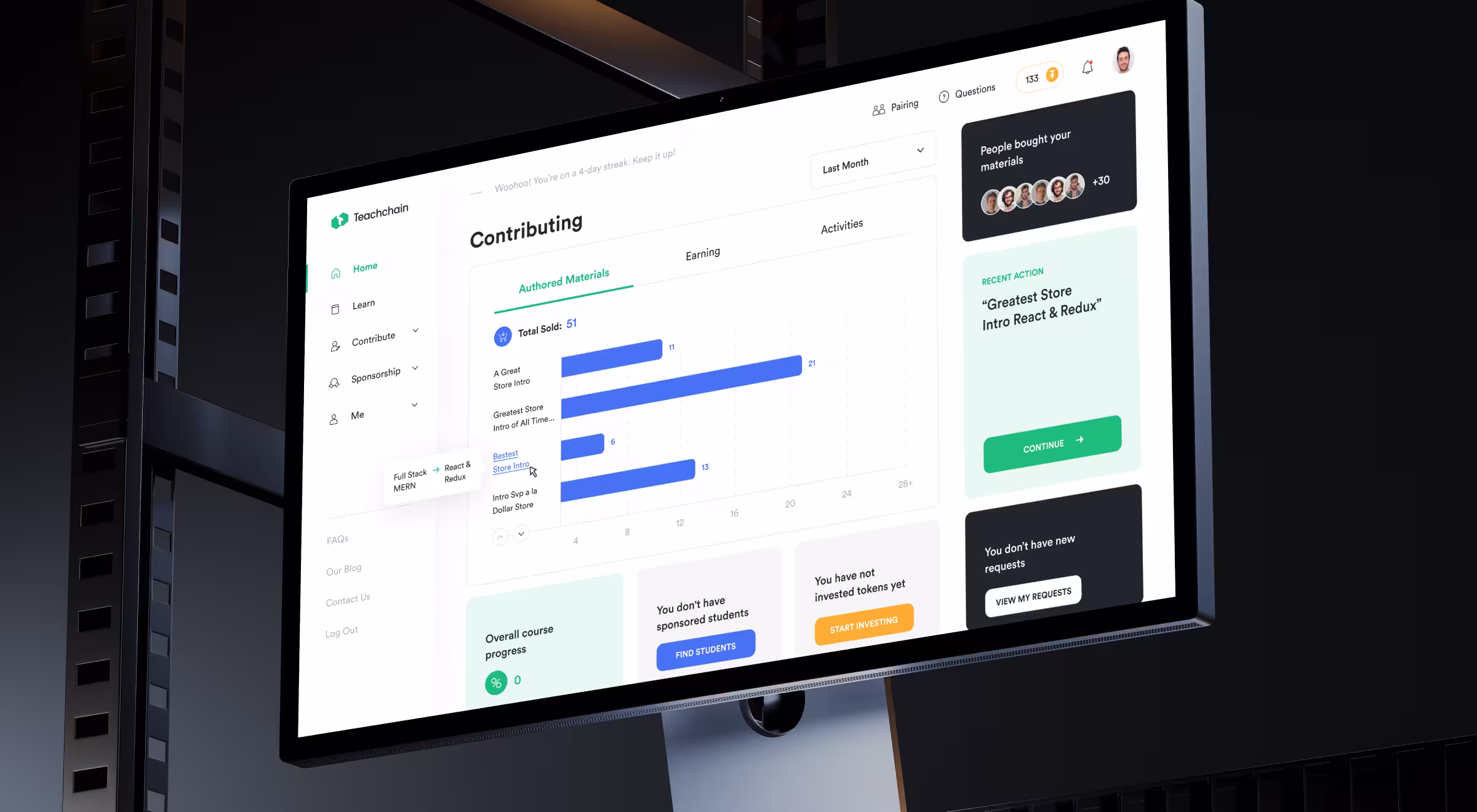 EdTech dashboard UI for Teachchain platform designed by Lazarev.agency, featuring progress tracking, course contributions, and student engagement analytics