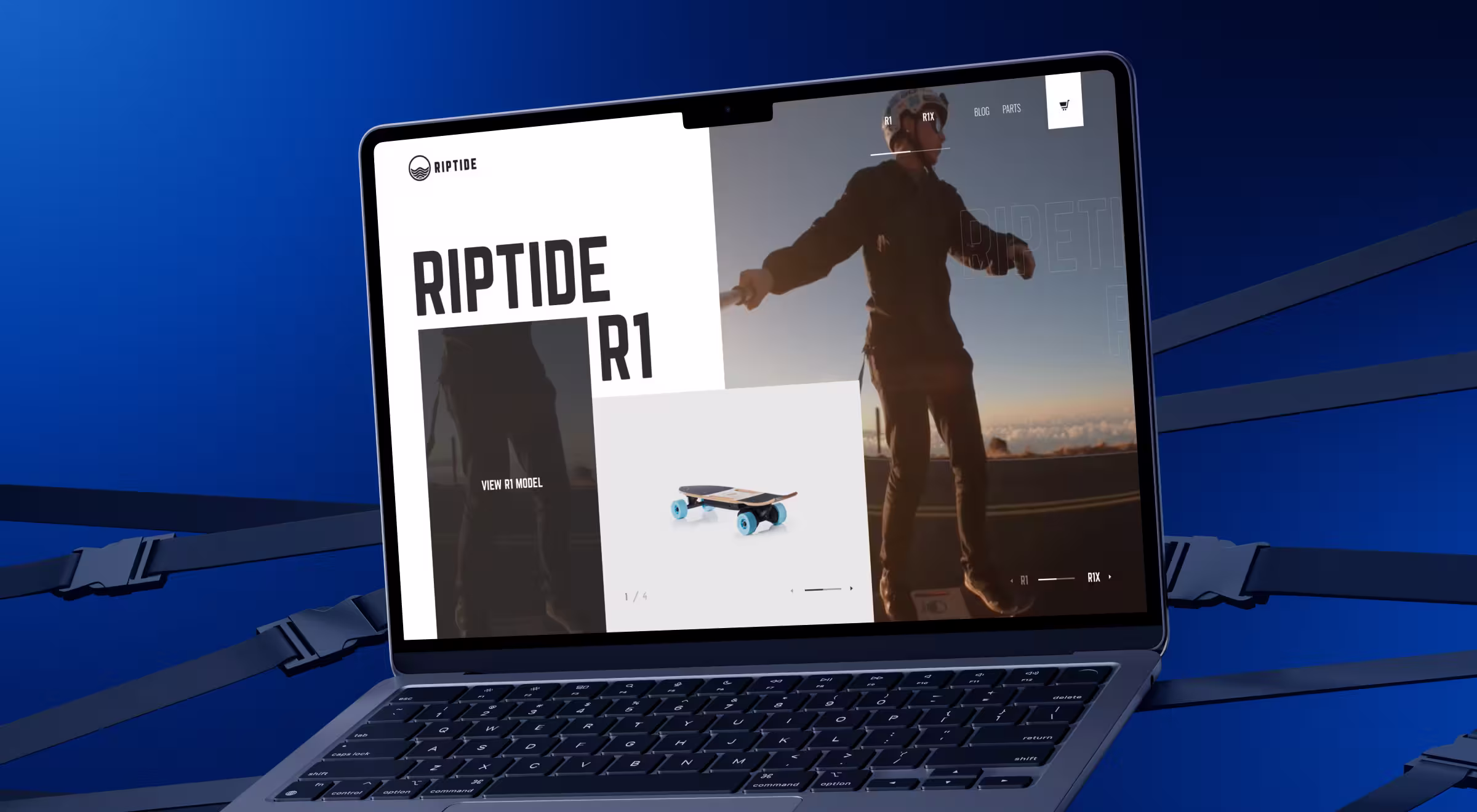 Laptop displaying Riptide R1 electric skateboard website featuring product images and a full-screen riding video on a blue background