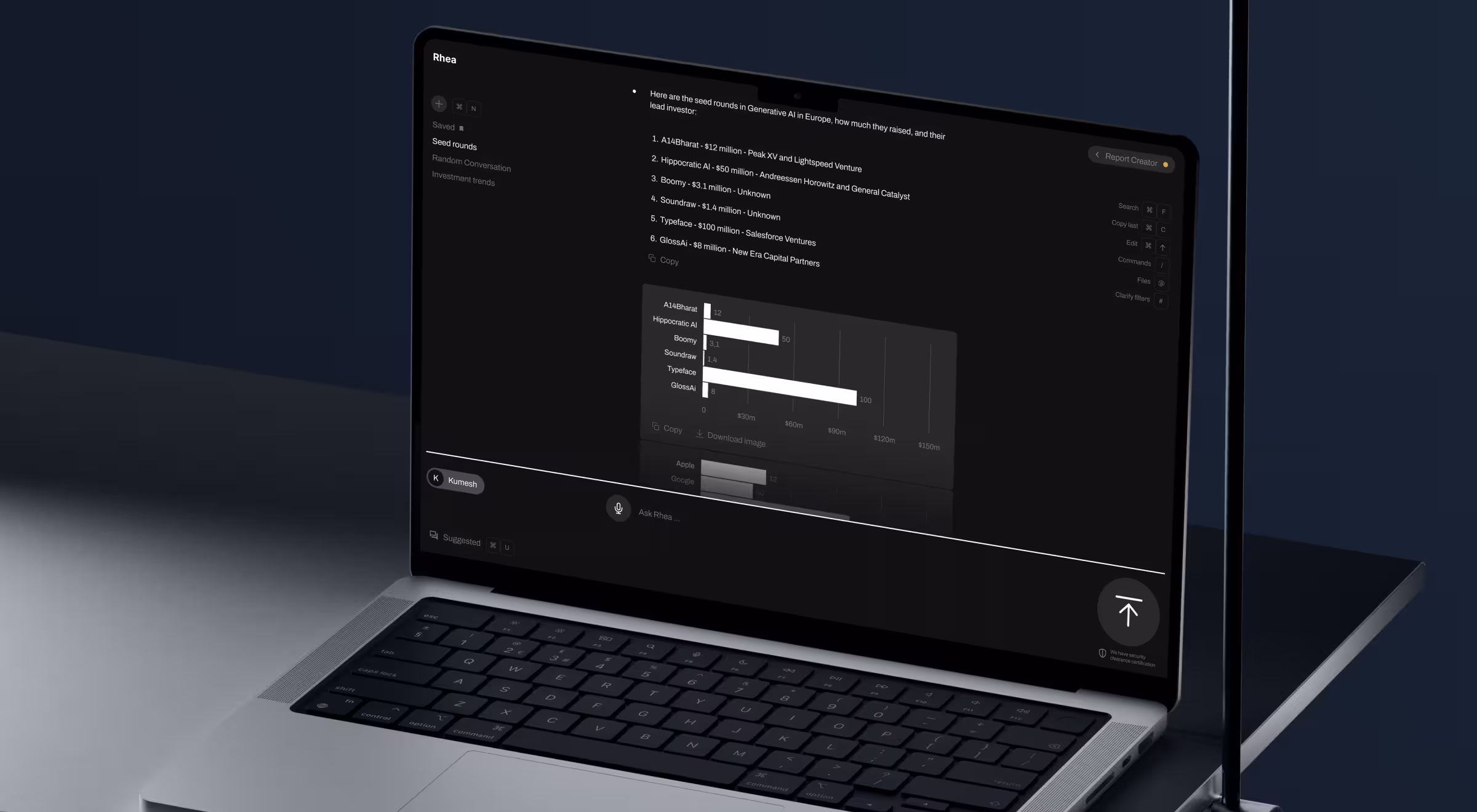 Laptop displaying an AI assistant interface with a bar chart comparing seed funding amounts for generative AI startups, set against a dark blue studio background