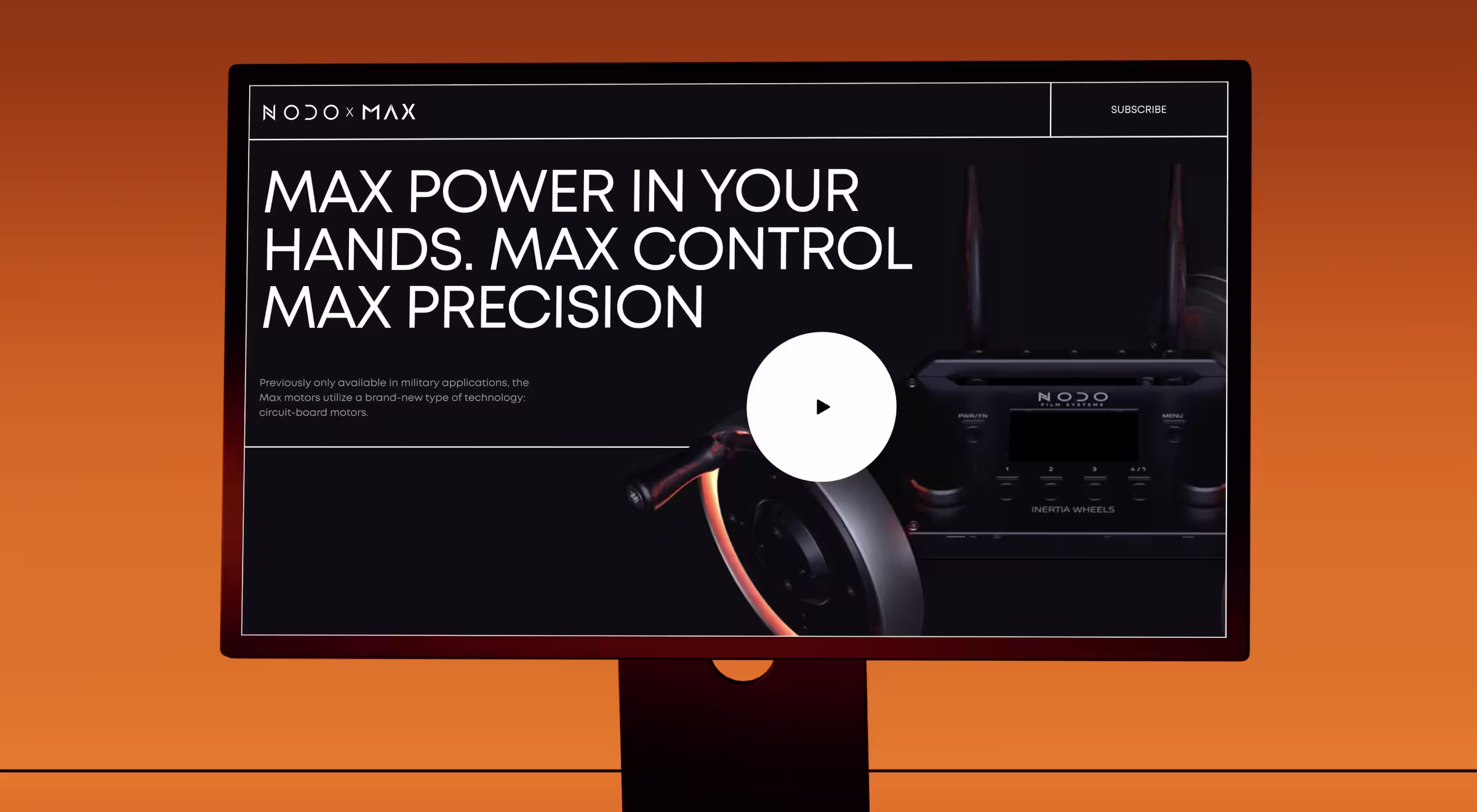 Product landing page displayed on a desktop screen, featuring a high-contrast hero layout with bold messaging, video play button, and hardware product visuals, illustrating conversion-focused UX design for a tech product website