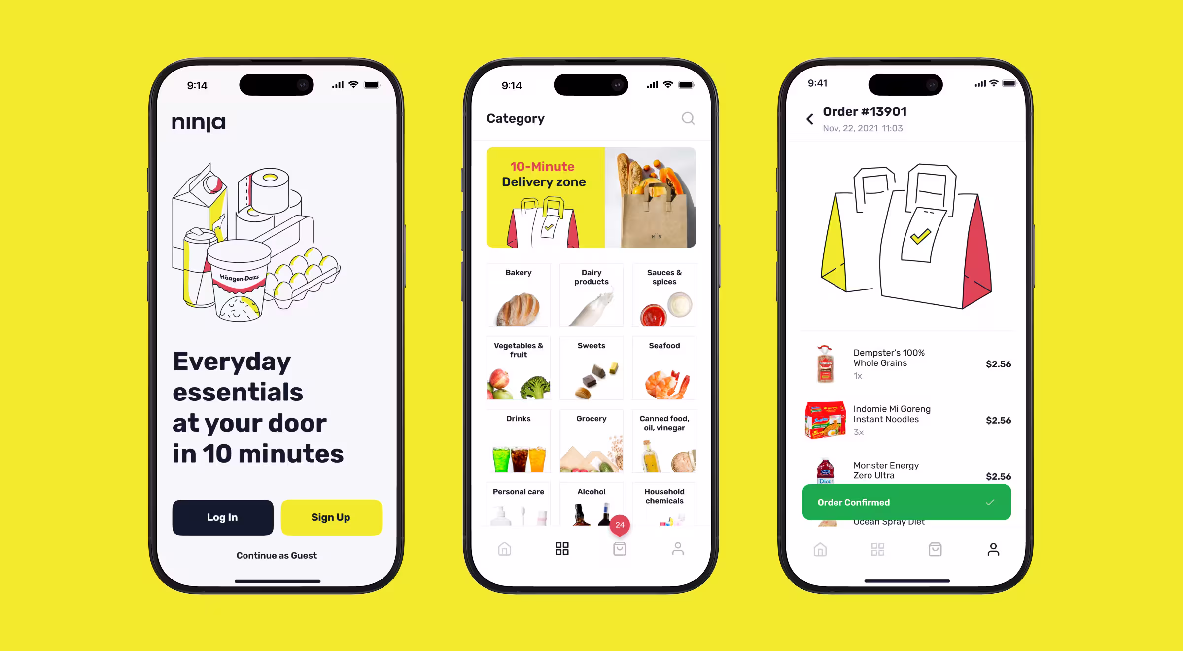 Three smartphone screens showing Ninja’s grocery delivery app flow, including onboarding, product categories, and an order confirmation page on a bright yellow background