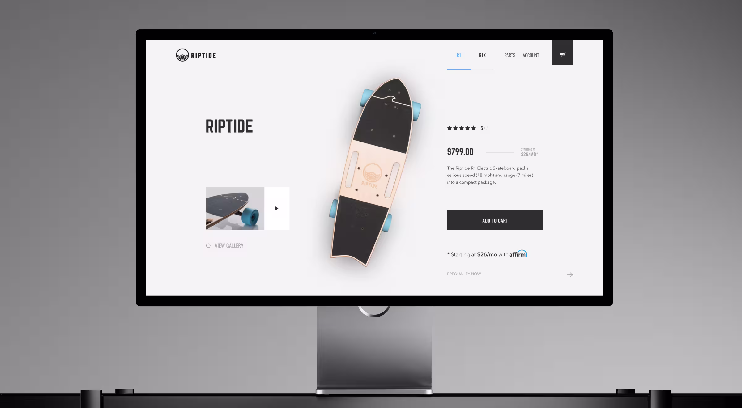 Desktop screen showing an ecommerce product page for the Riptide electric skateboard with pricing, rating, gallery preview, and add-to-cart option