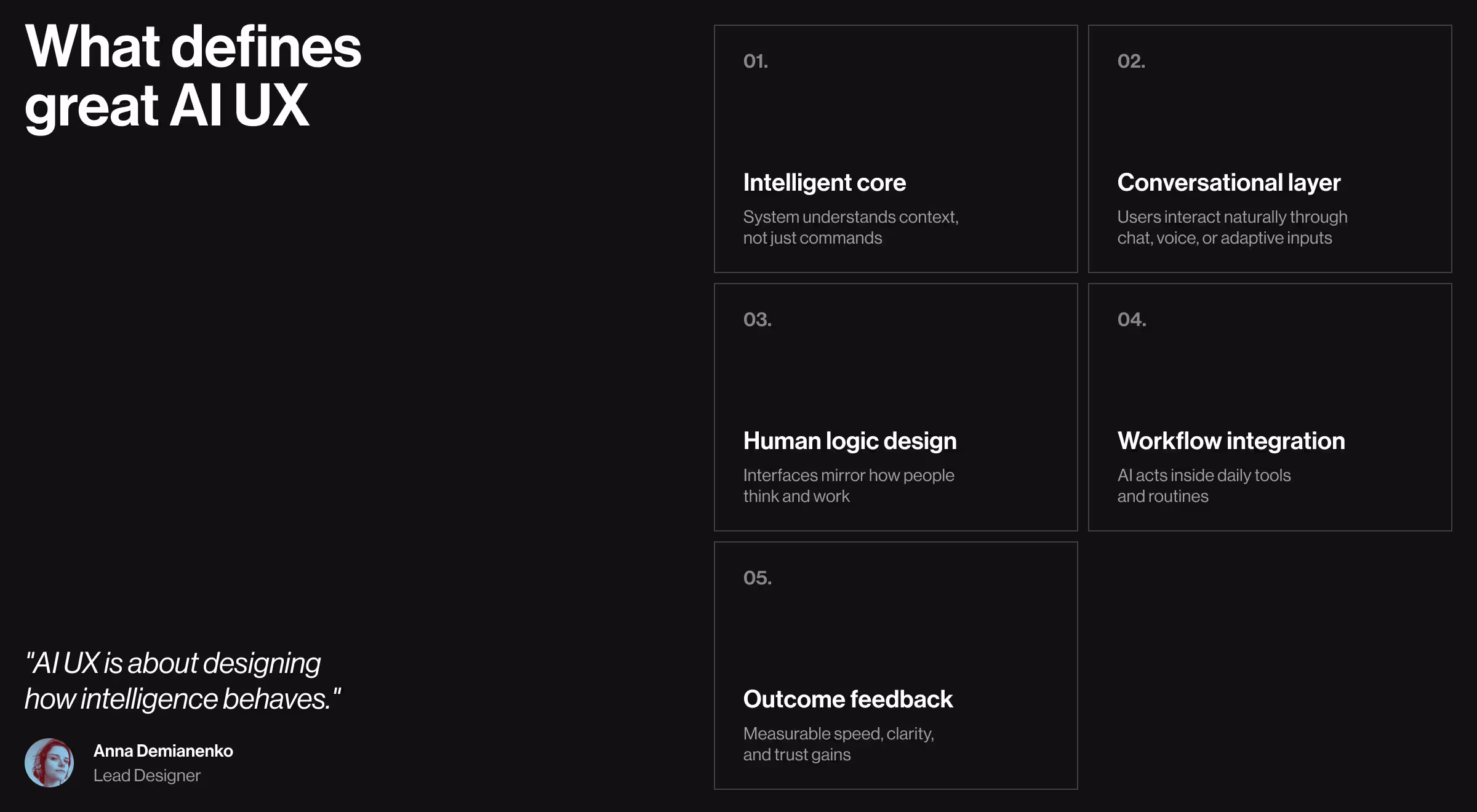 Lazarev.agency framework defining great AI UX — intelligent core, conversational layer, human logic design, workflow integration, and outcome feedback