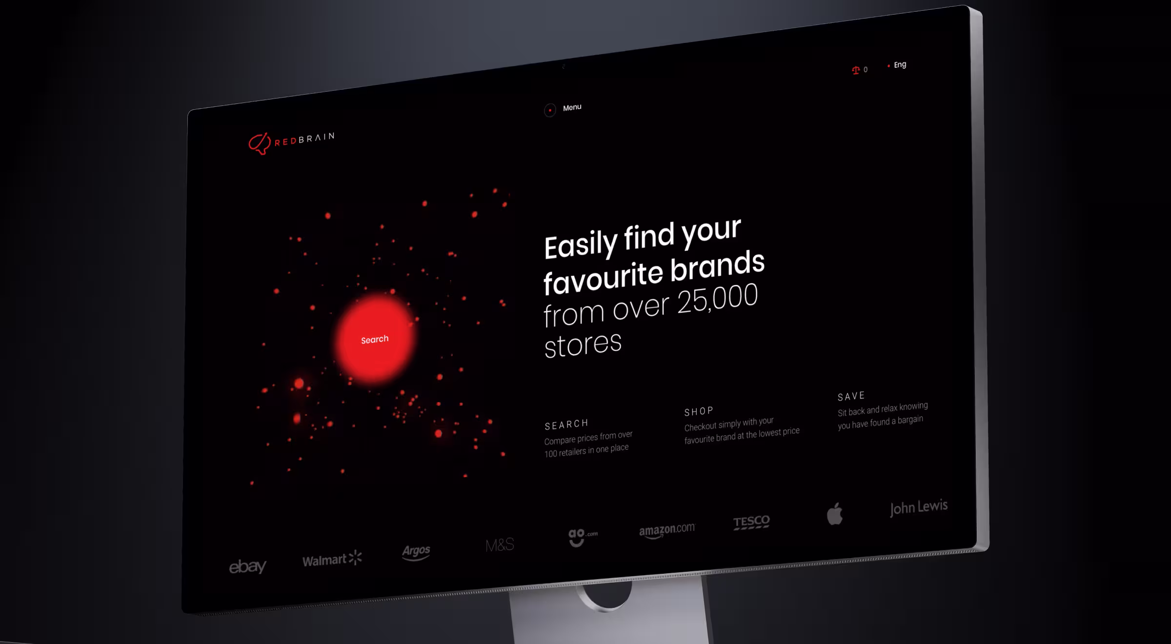 E-commerce website design for RedBrain by Lazarev.agency, featuring dark UI, AI-powered product search, and intuitive brand discovery experience