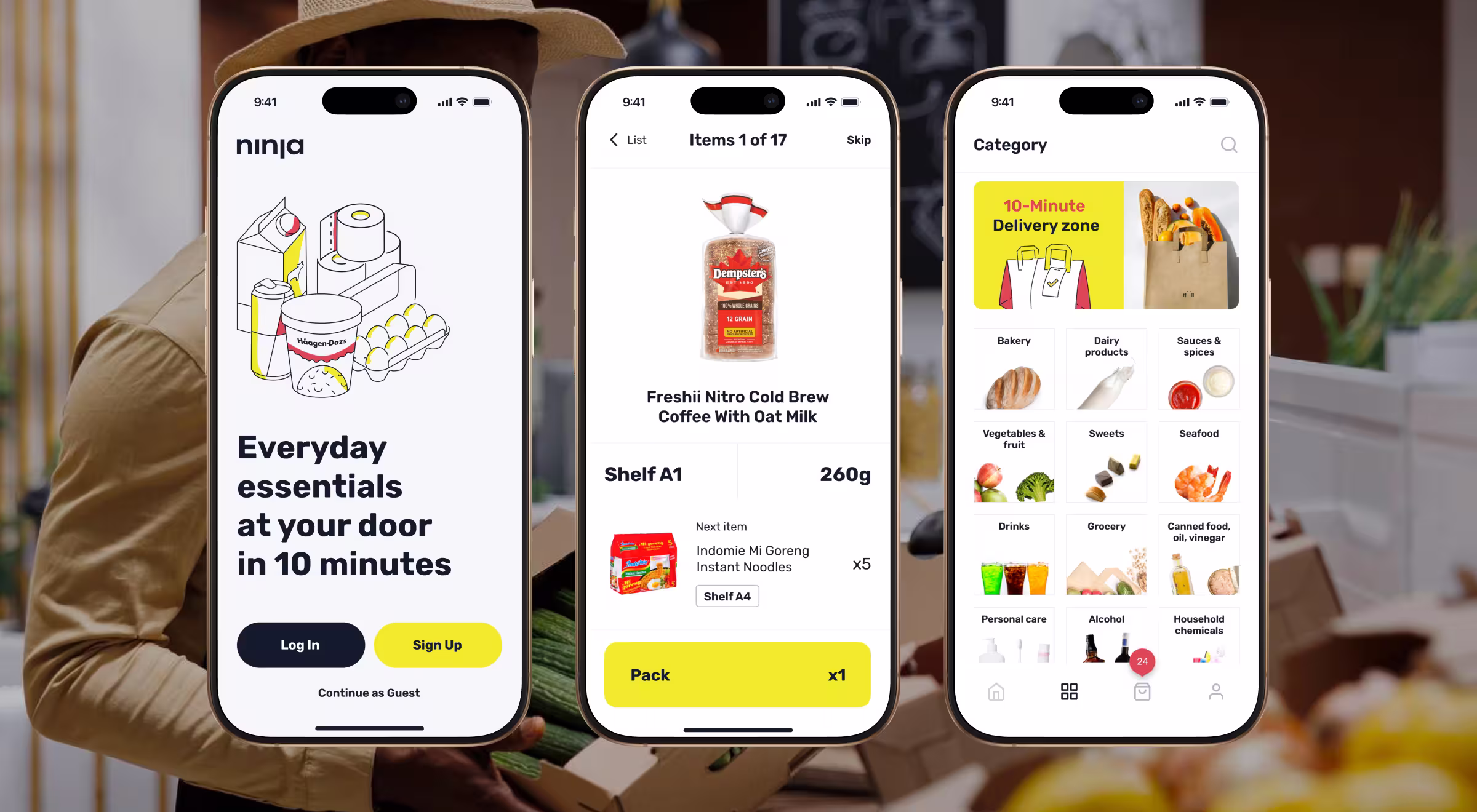 Mobile UI screens of Ninja grocery delivery app — showcasing 10-minute delivery experience with category browsing, product selection, and order packing — designed by Lazarev.agency